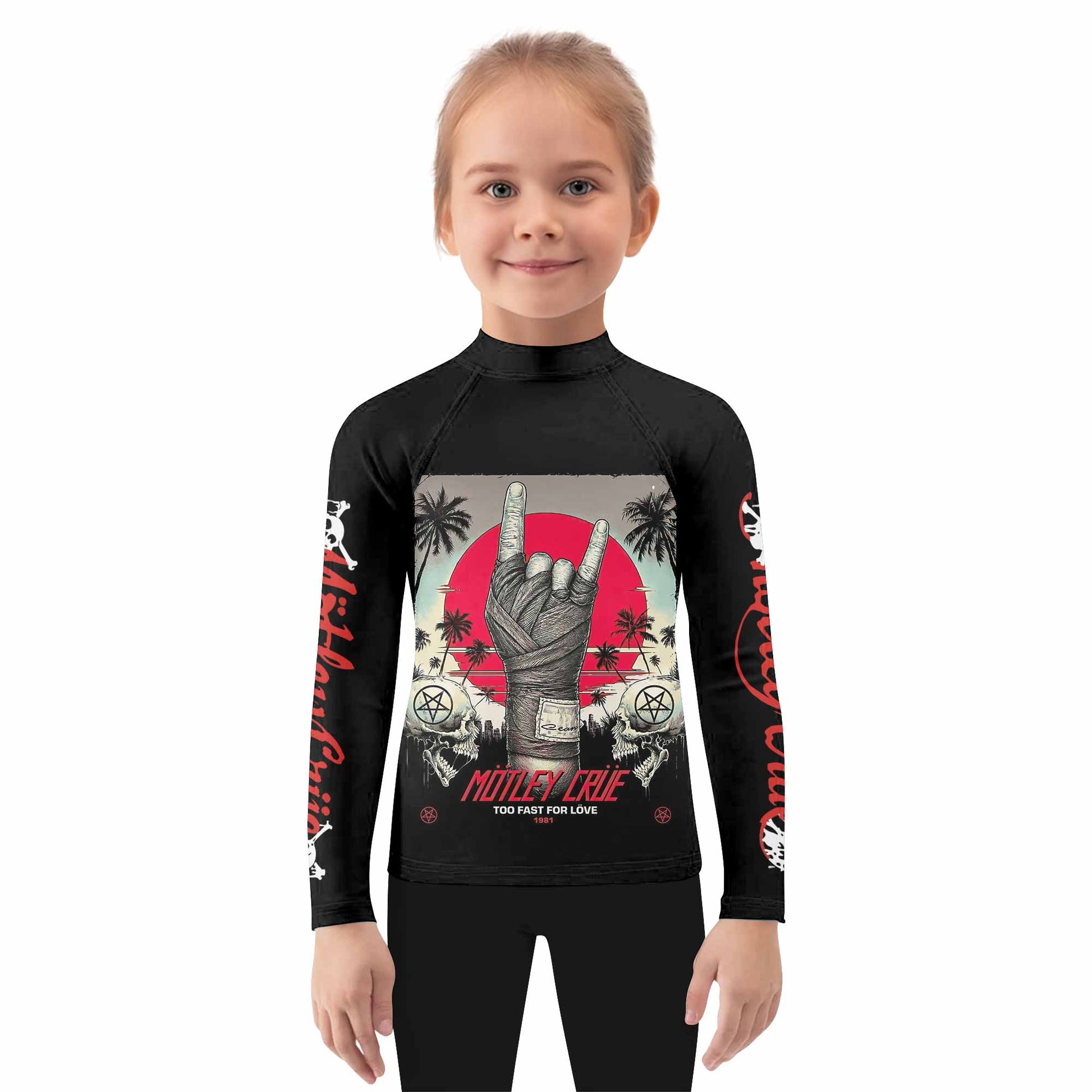 Mötley Crüe Too Fast for Love Kids Rash Guard Long Sleeve - girl's lifestyle view