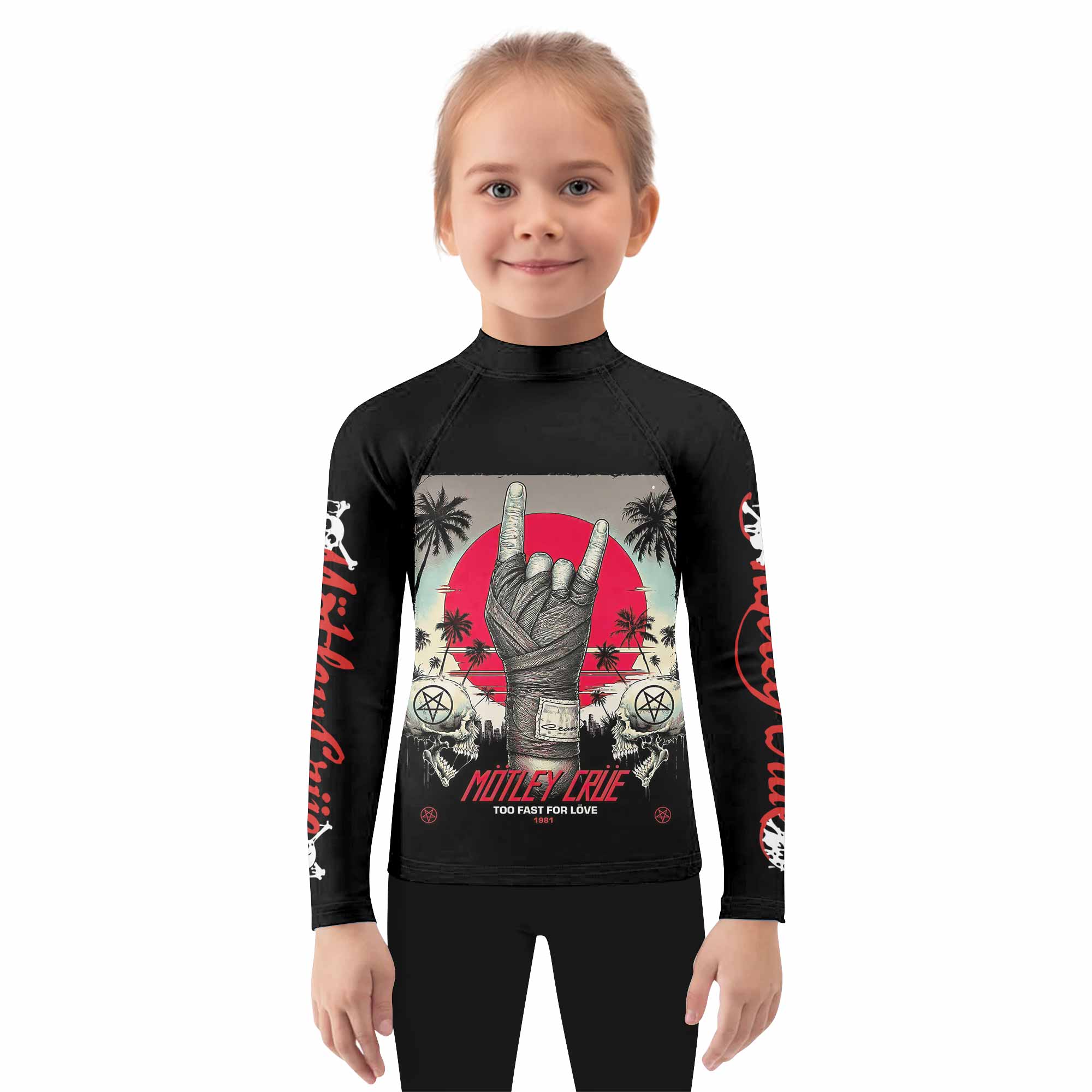 Mötley Crüe Too Fast for Love Kids Rash Guard Long Sleeve - girl's lifestyle view