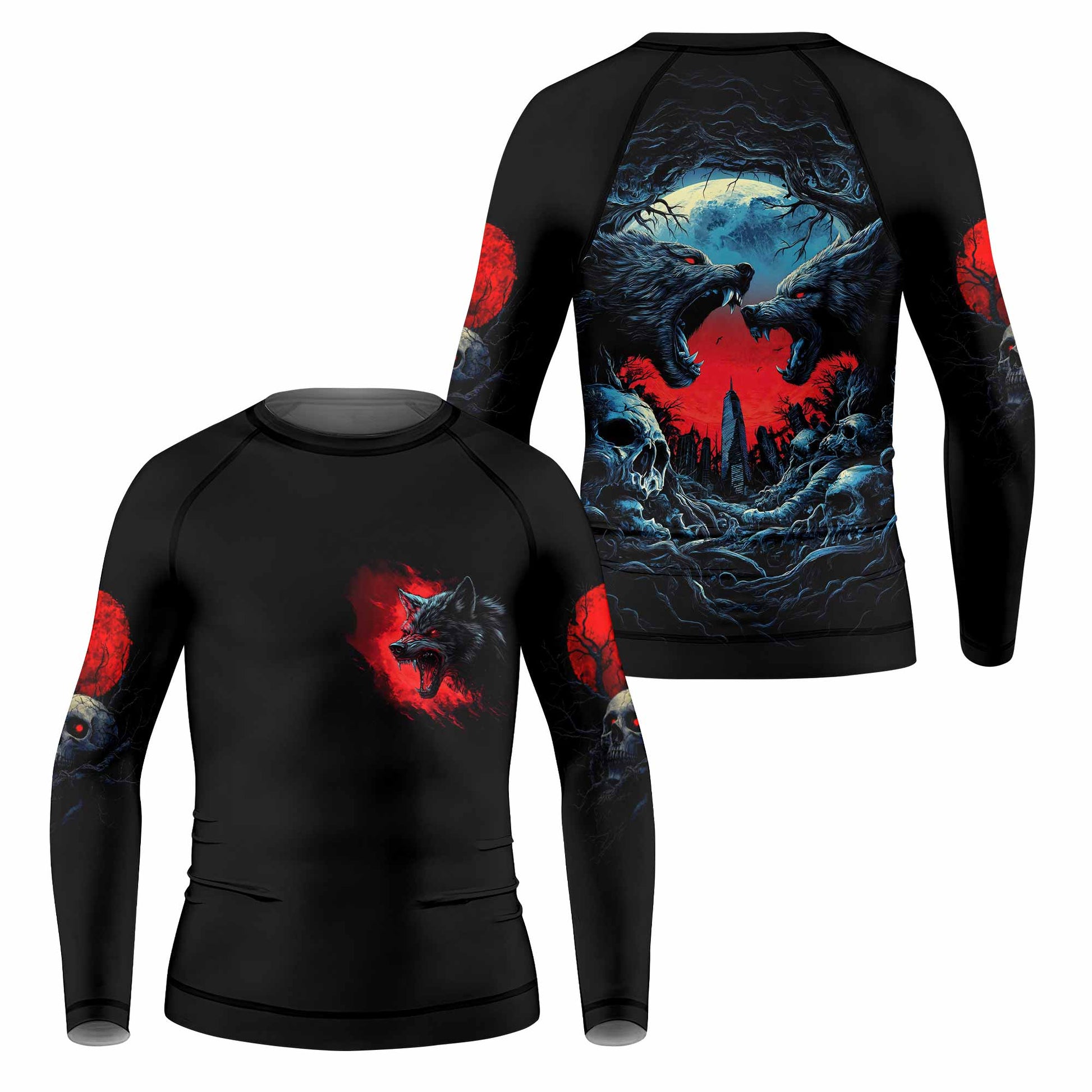 Twin Wolf Apocalypse Kids Rash Guard Long Sleeve - front and back view