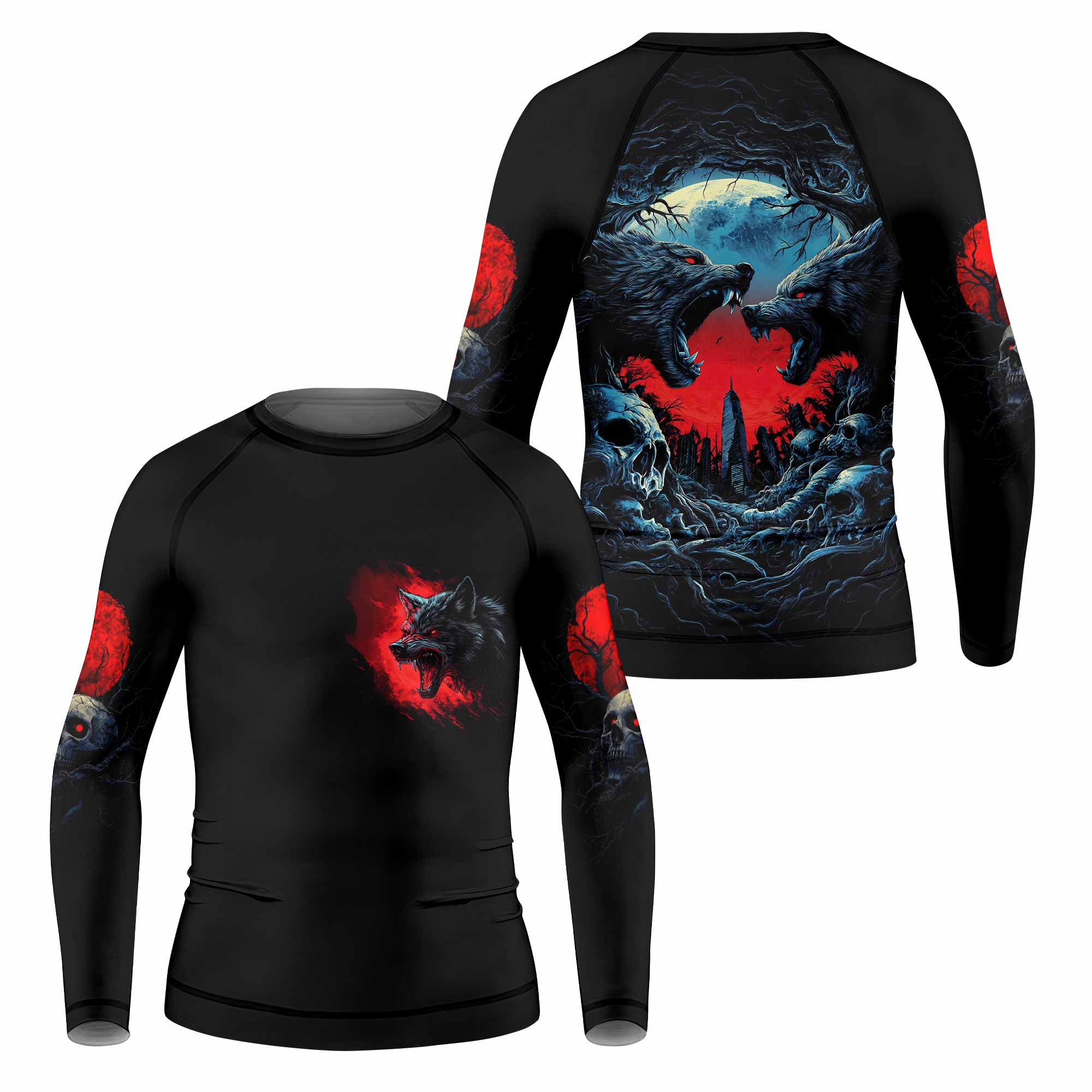 Twin Wolf Apocalypse Kids Rash Guard Long Sleeve - front and back view