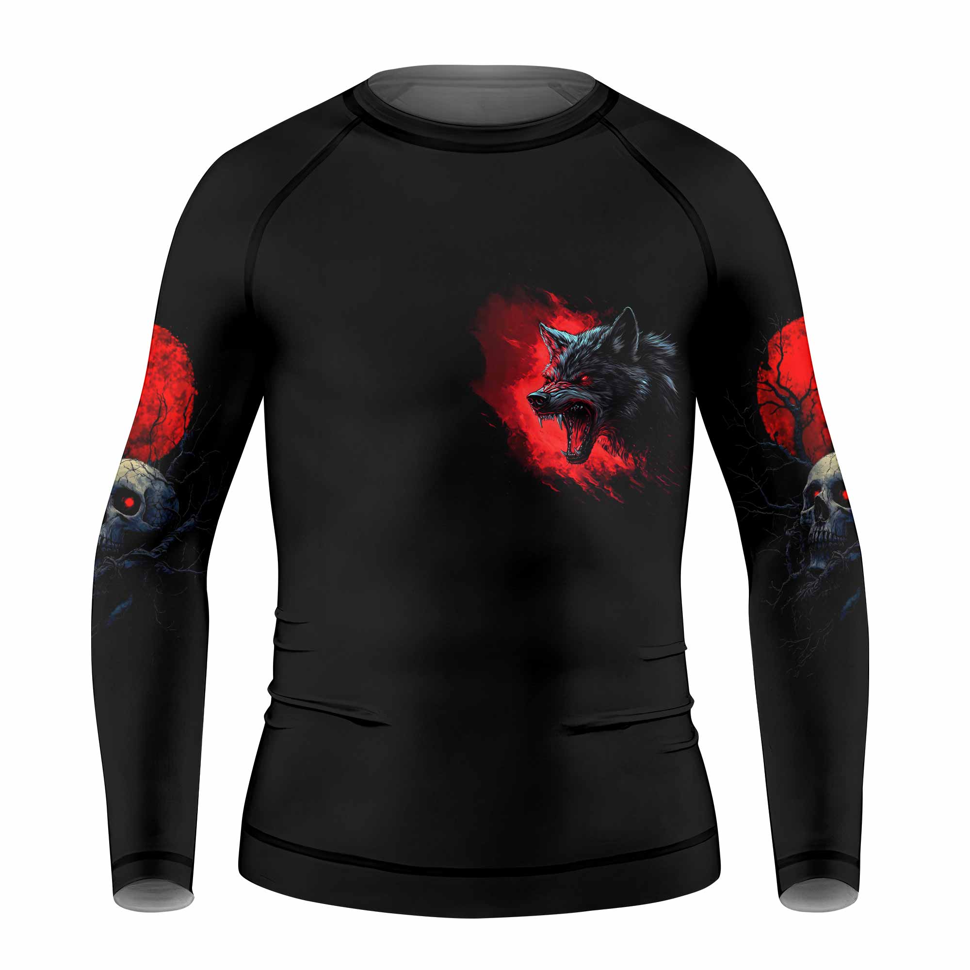 Twin Wolf Apocalypse Kids Rash Guard Long Sleeve - front view mockup