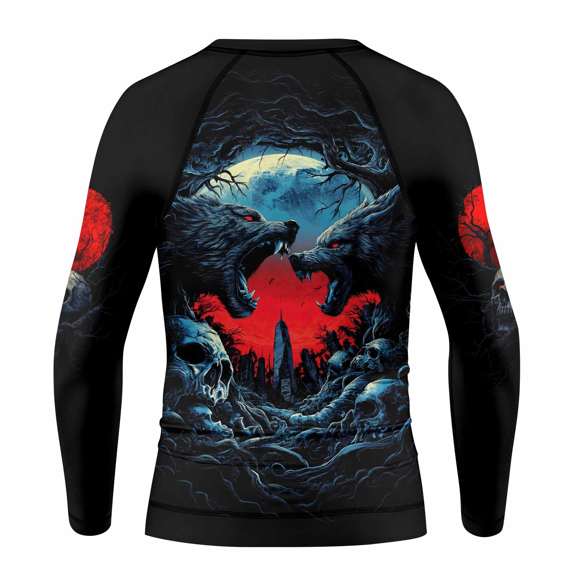 Twin Wolf Apocalypse Kids Rash Guard Long Sleeve - back view mockup