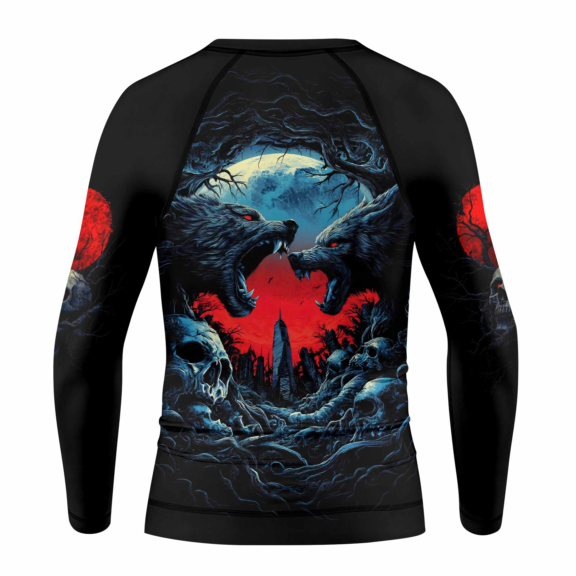 Twin Wolf Apocalypse Kids Rash Guard Long Sleeve - back view mockup