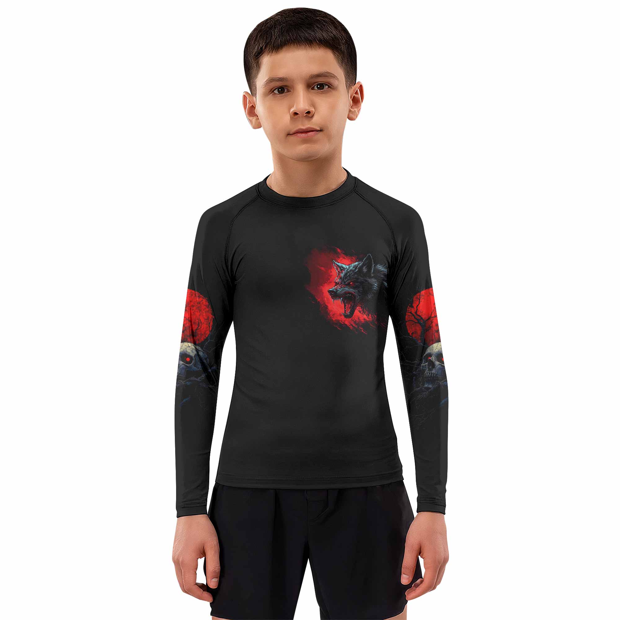 Twin Wolf Apocalypse Kids Rash Guard Long Sleeve - boy's lifestyle view
