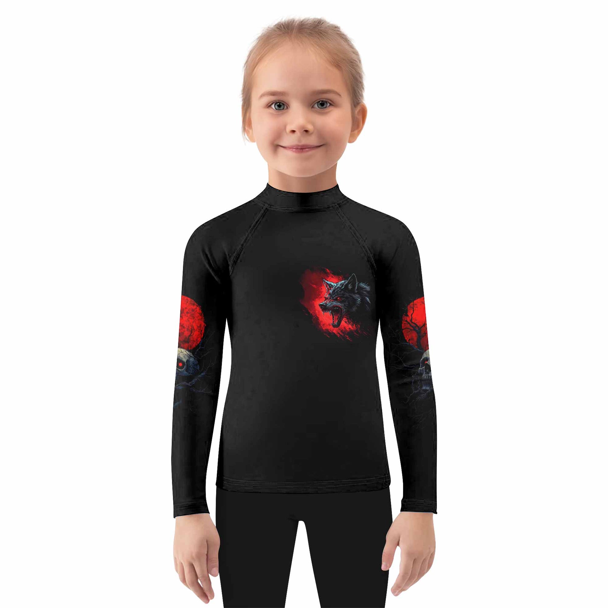 Twin Wolf Apocalypse Kids Rash Guard Long Sleeve - girl's lifestyle view
