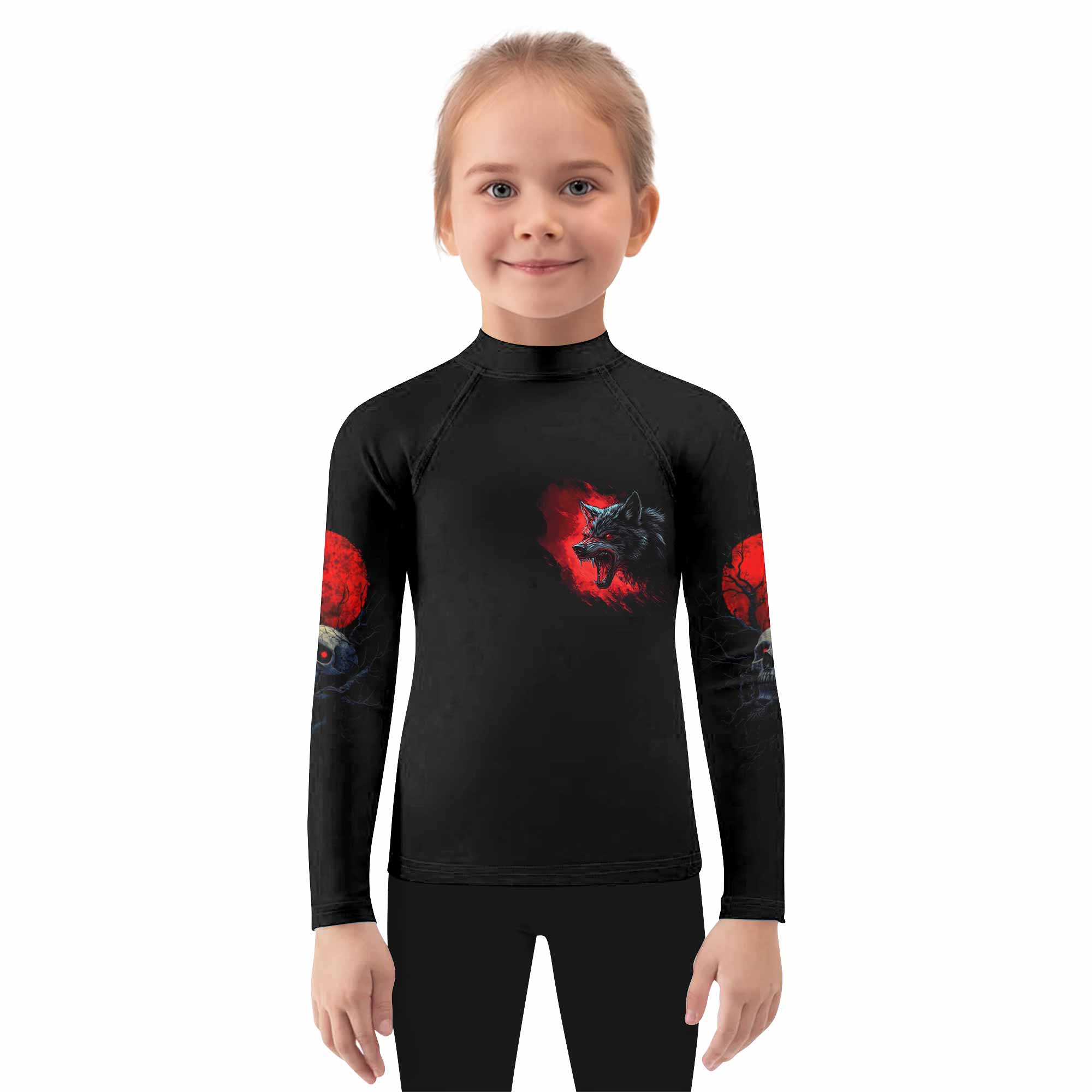 Twin Wolf Apocalypse Kids Rash Guard Long Sleeve - girl's lifestyle view