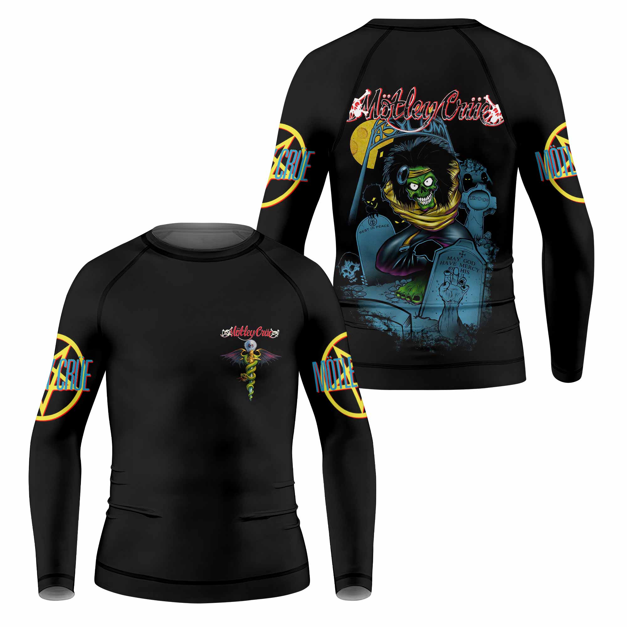Mötley Crüe Dr. Feelgood Kids Rash Guard Long Sleeve - front and back view