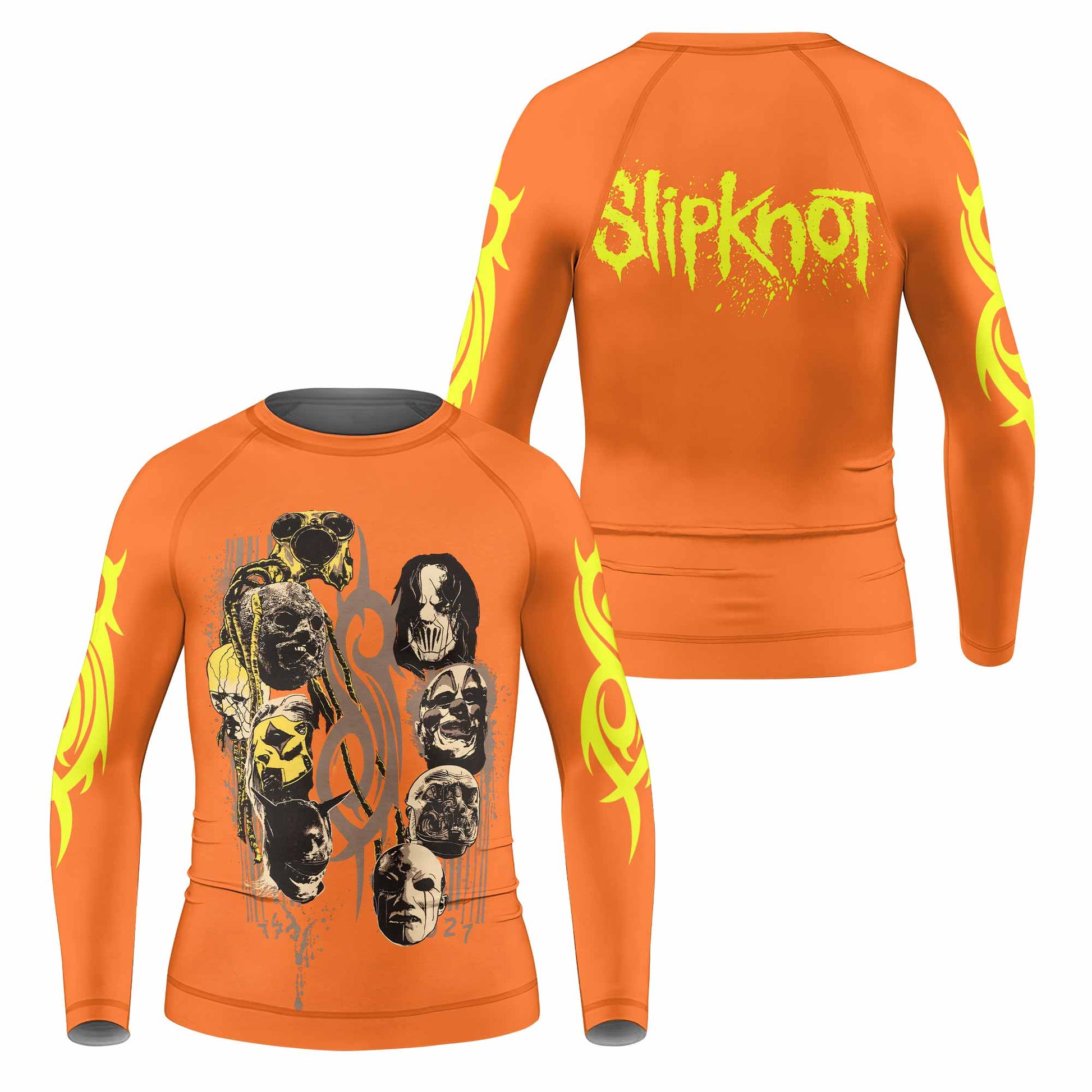 Slipknot Splatter Orange Kids Rash Guard Long Sleeve - front and back view