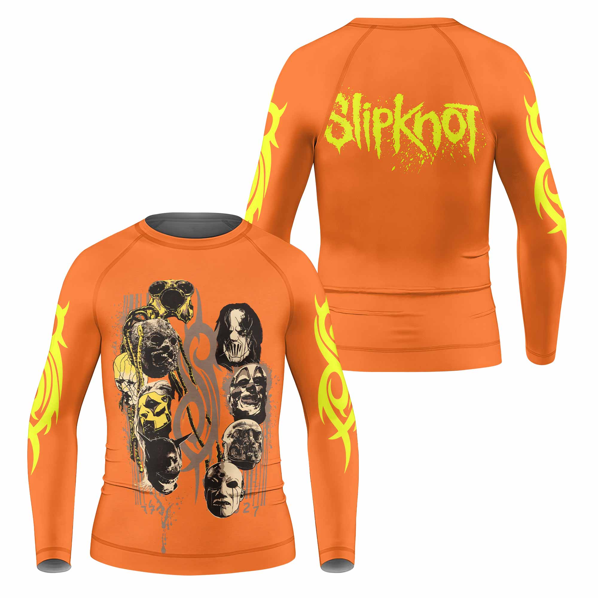 Slipknot Splatter Orange Kids Rash Guard Long Sleeve - front and back view