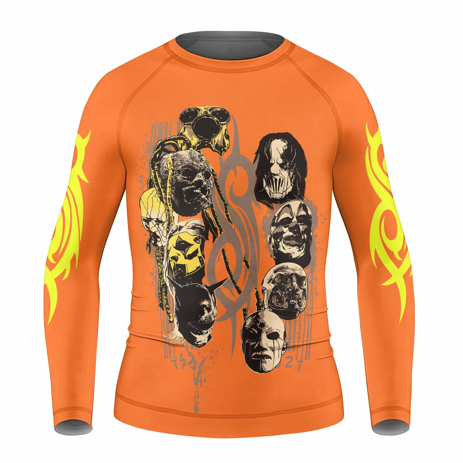Slipknot Splatter Orange Kids Rash Guard Long Sleeve - front view mockup