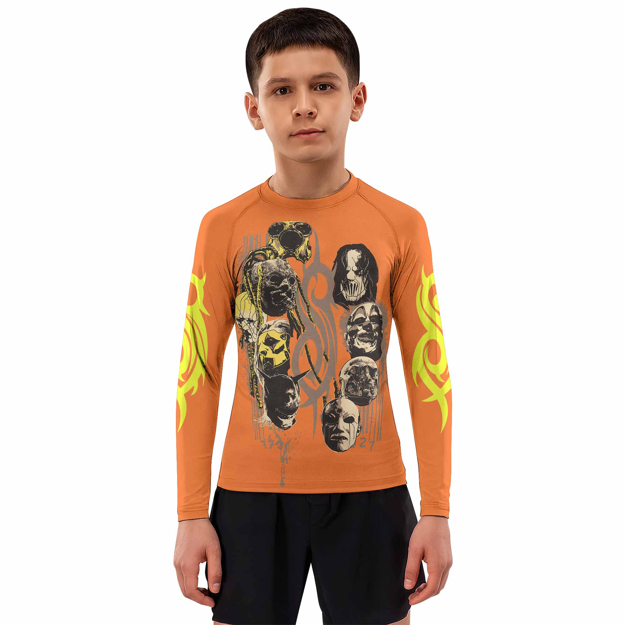 Slipknot Splatter Orange Kids Rash Guard Long Sleeve - boy's lifestyle view