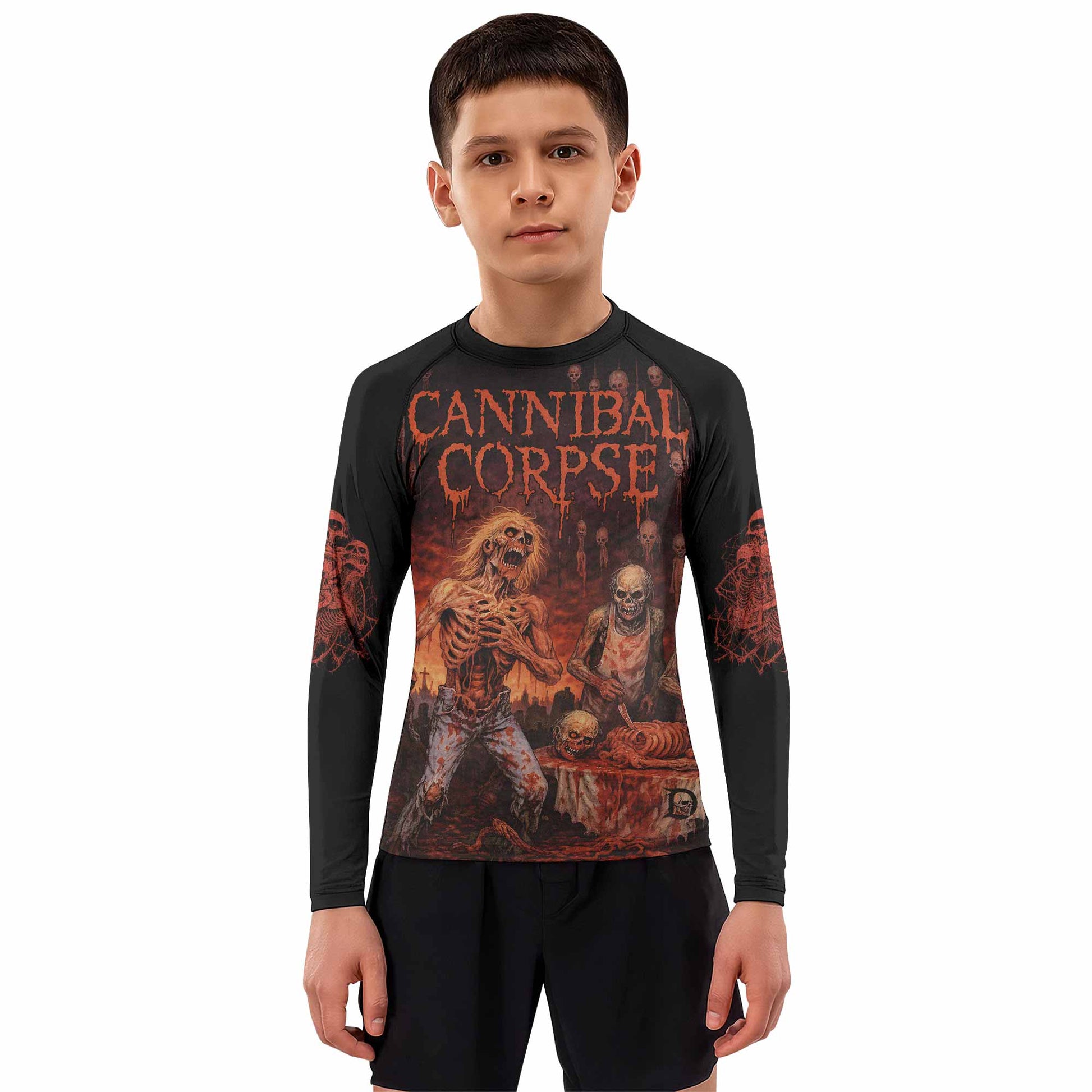 Cannibal Corpse Eaten Back to Life Kids Rash Guard Long Sleeve - boy's lifestyle view