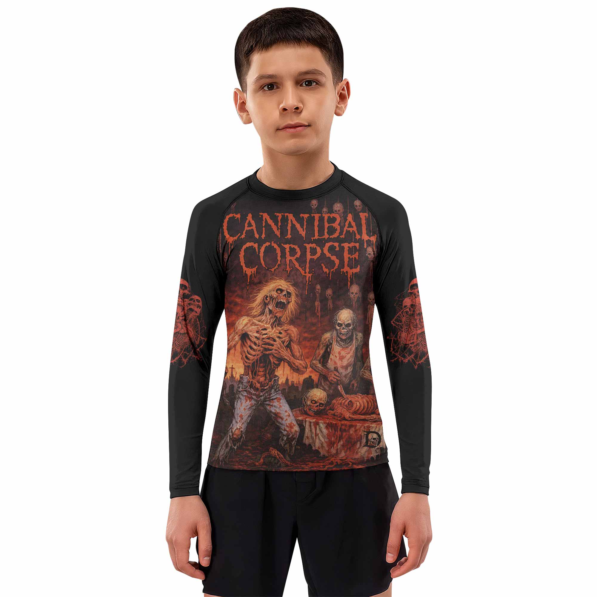 Cannibal Corpse Eaten Back to Life Kids Rash Guard Long Sleeve - boy's lifestyle view