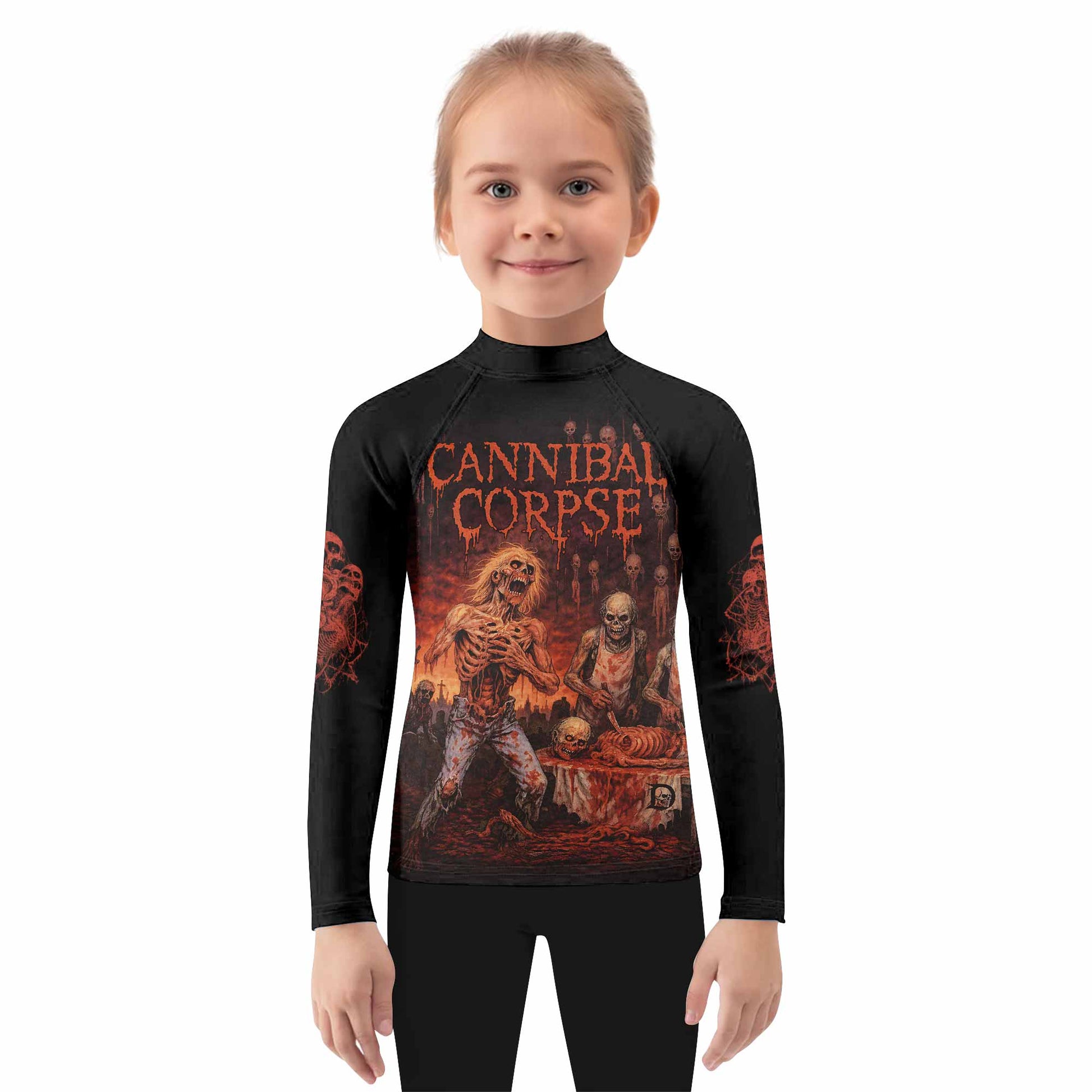 Cannibal Corpse Eaten Back to Life Kids Rash Guard Long Sleeve - girl's lifestyle view