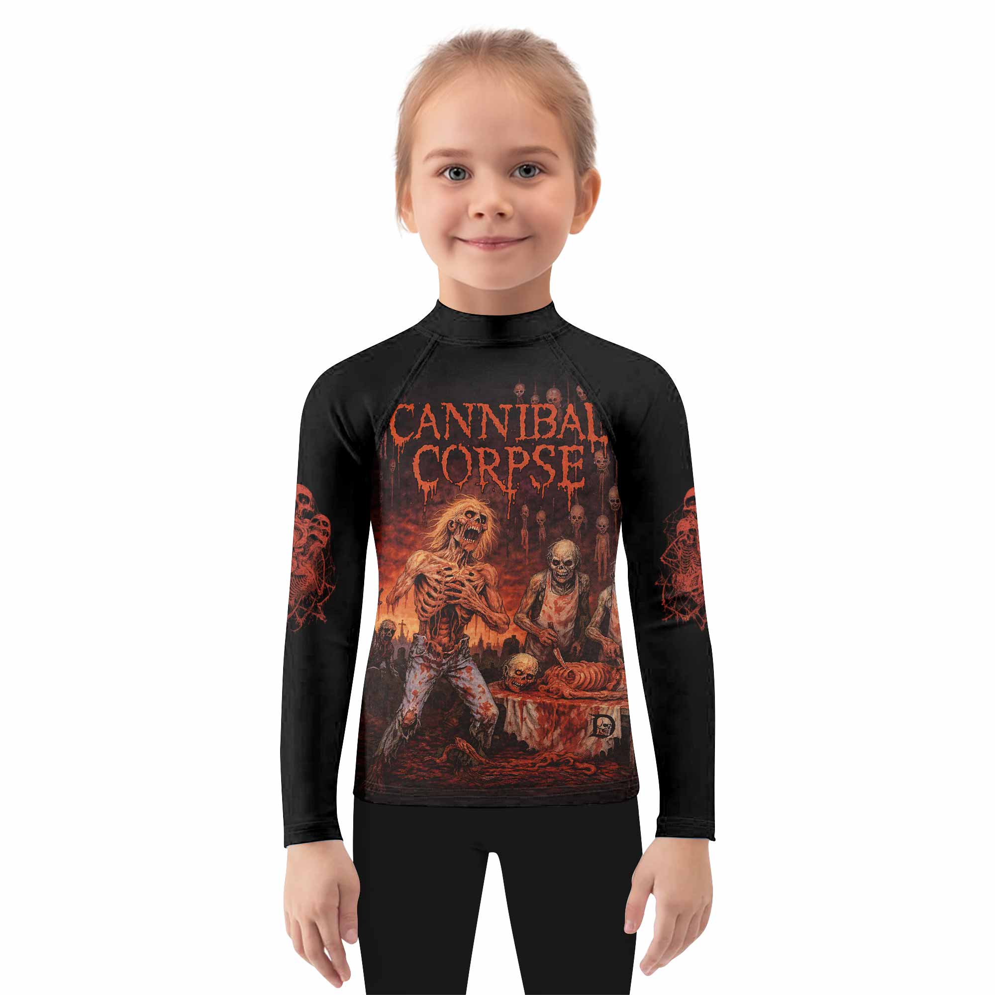 Cannibal Corpse Eaten Back to Life Kids Rash Guard Long Sleeve - girl's lifestyle view