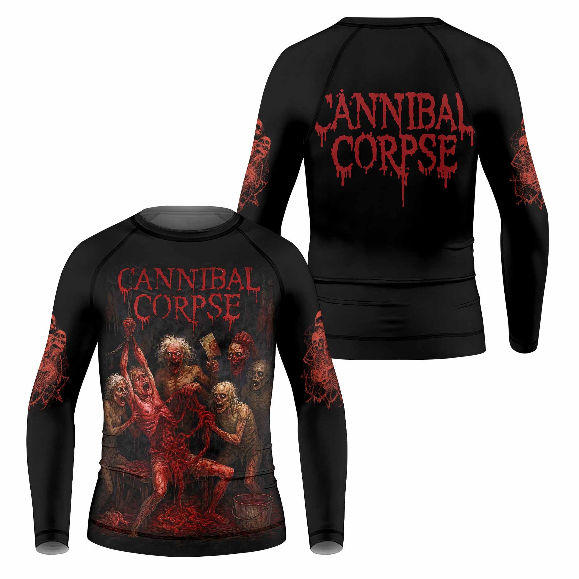 Butchered at Birth Cannibal Corpse Kids Rash Guard Long Sleeve - front and back view