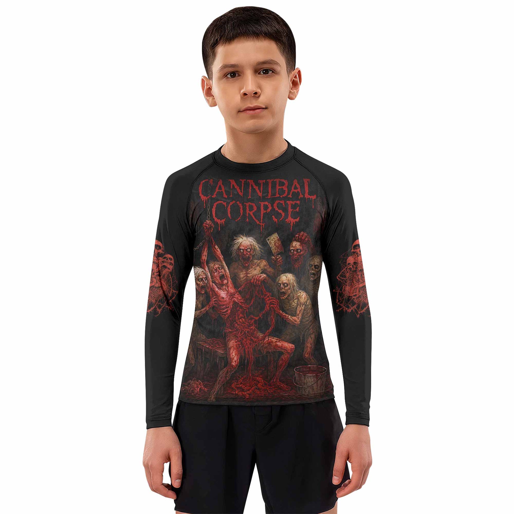 Butchered at Birth Cannibal Corpse Kids Rash Guard Long Sleeve - boy's lifestyle view