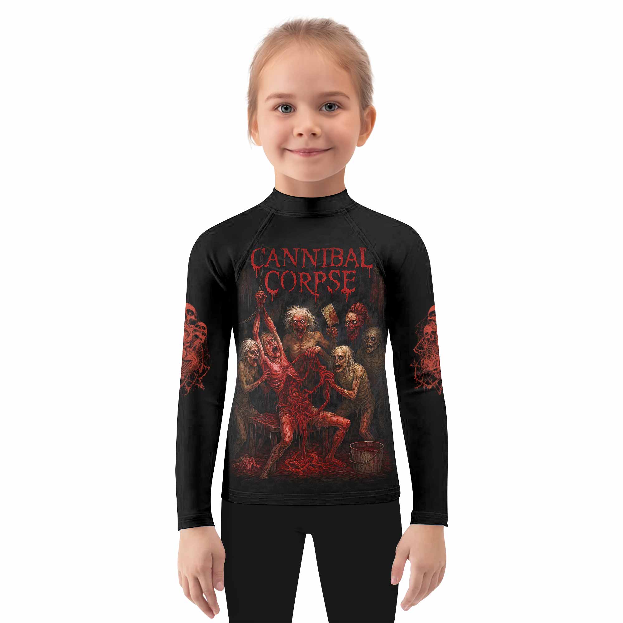 Butchered at Birth Cannibal Corpse Kids Rash Guard Long Sleeve - girl's lifestyle view