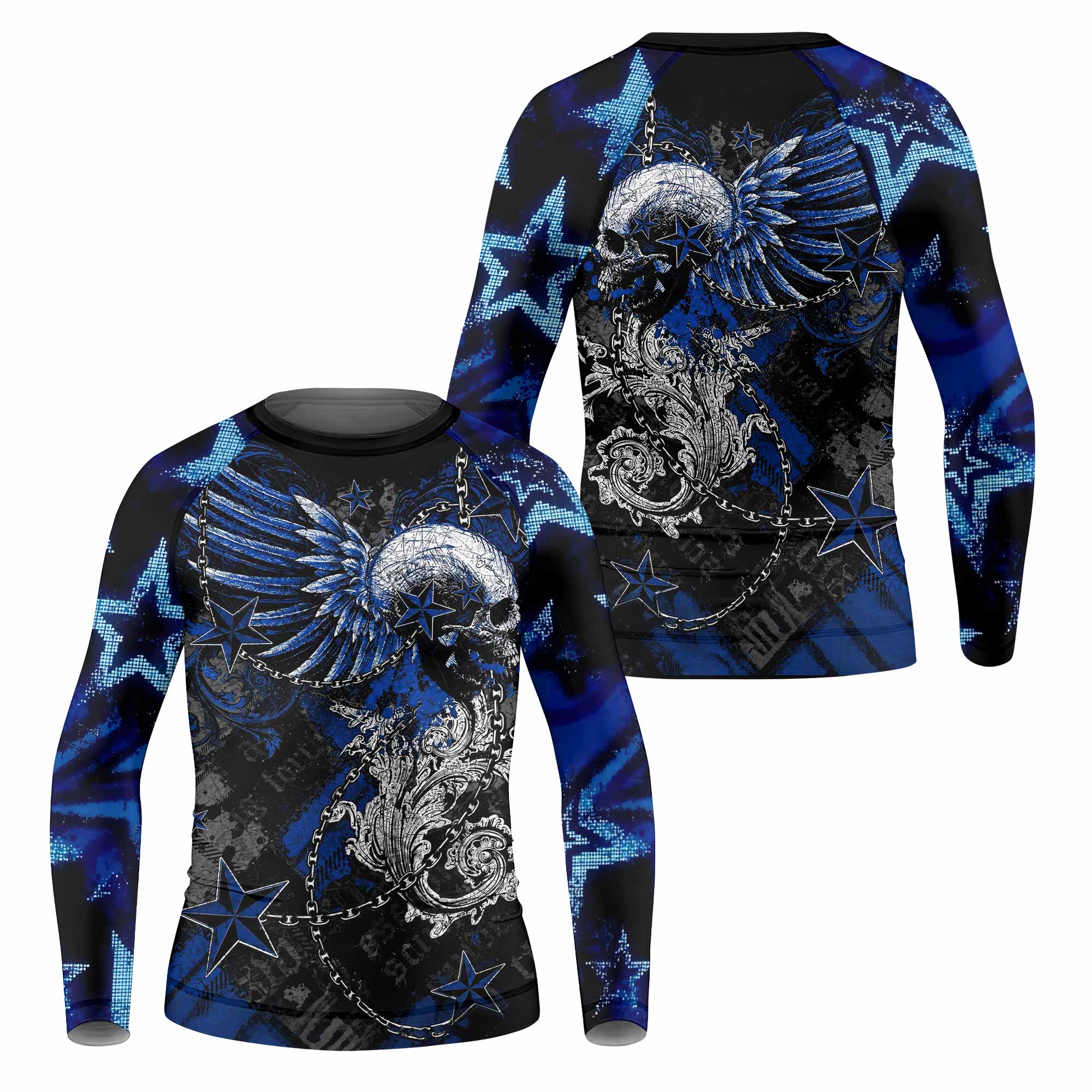 Blue Winged Skull Kids Rash Guard Long Sleeve - front and back view
