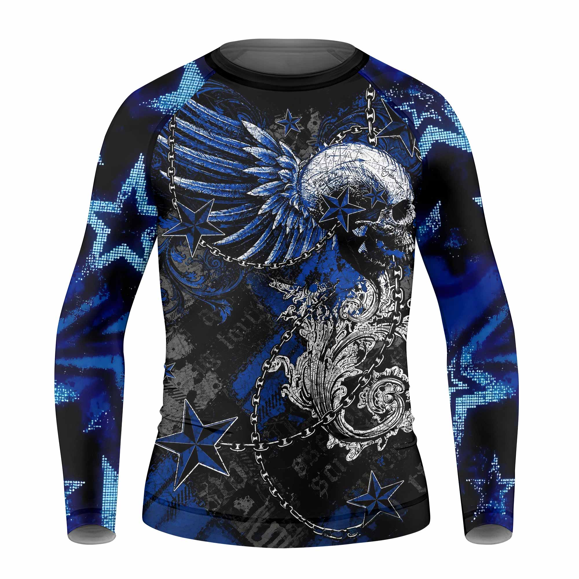 Blue Winged Skull Kids Rash Guard Long Sleeve - front view mockup
