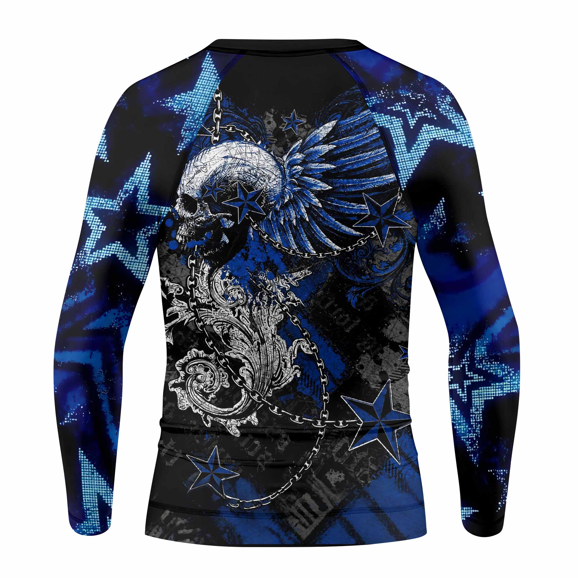 Blue Winged Skull Kids Rash Guard Long Sleeve - back view mockup