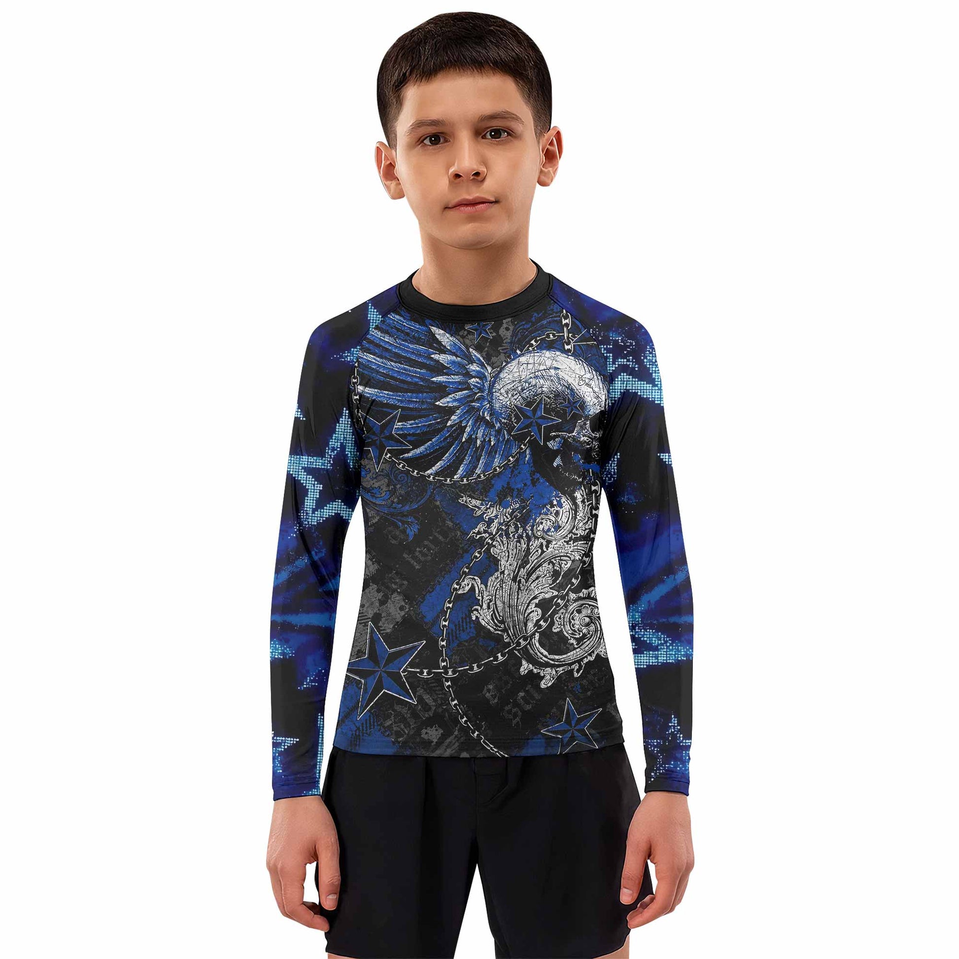 Blue Winged Skull Kids Rash Guard Long Sleeve - boy's lifestyle view
