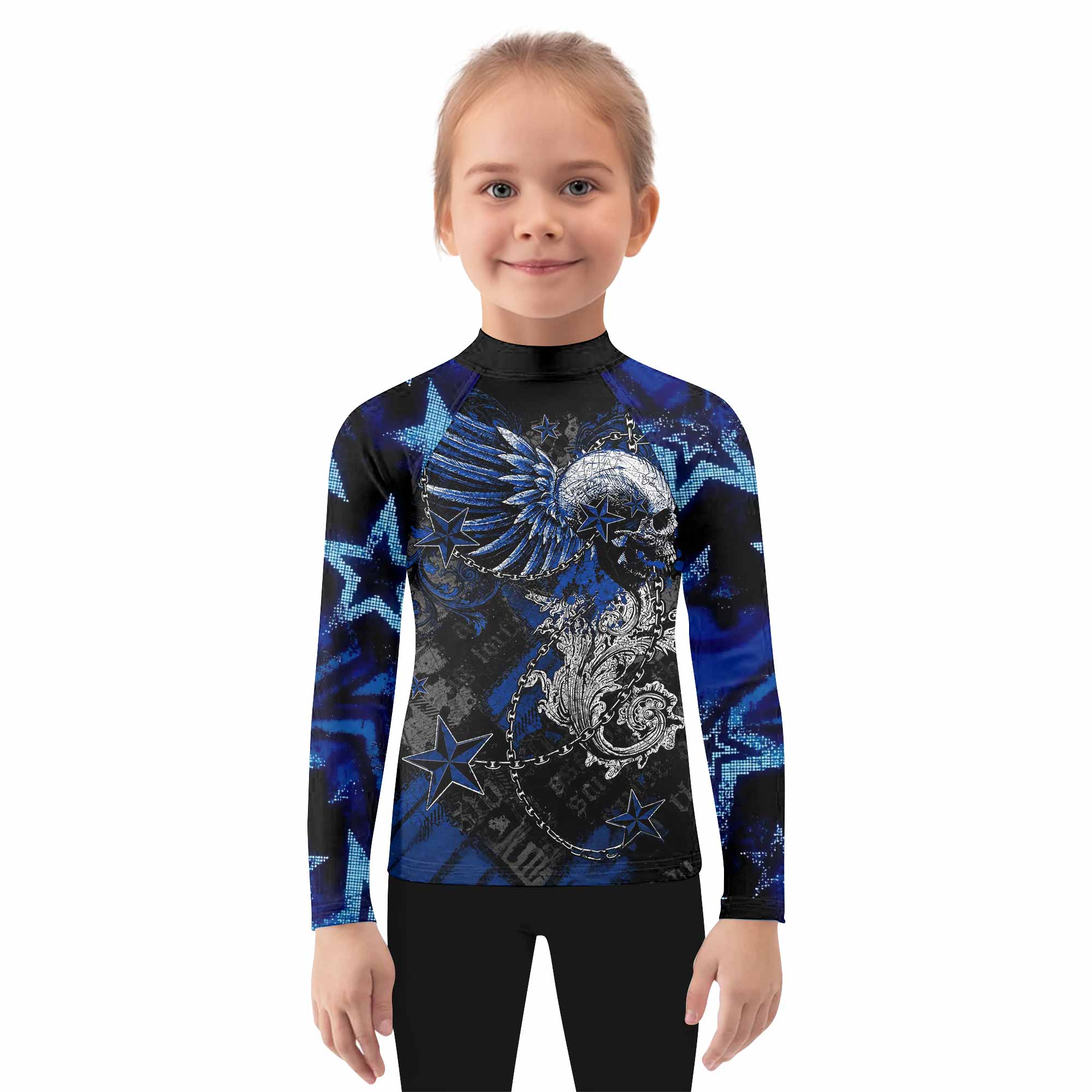 Blue Winged Skull Kids Rash Guard Long Sleeve - girl's lifestyle view