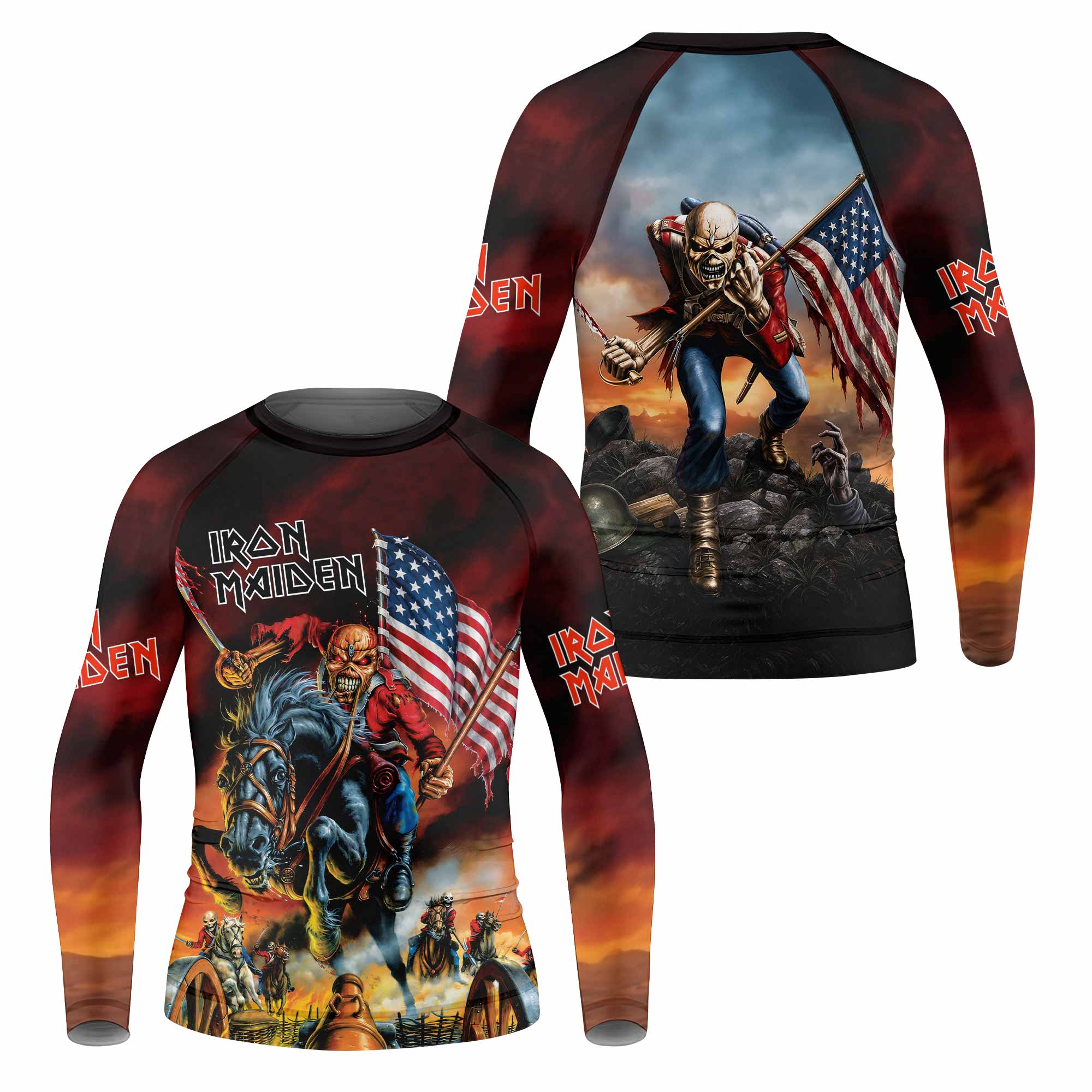 Iron Maiden American Flag Kids Rash Guard Long Sleeve - front and back view