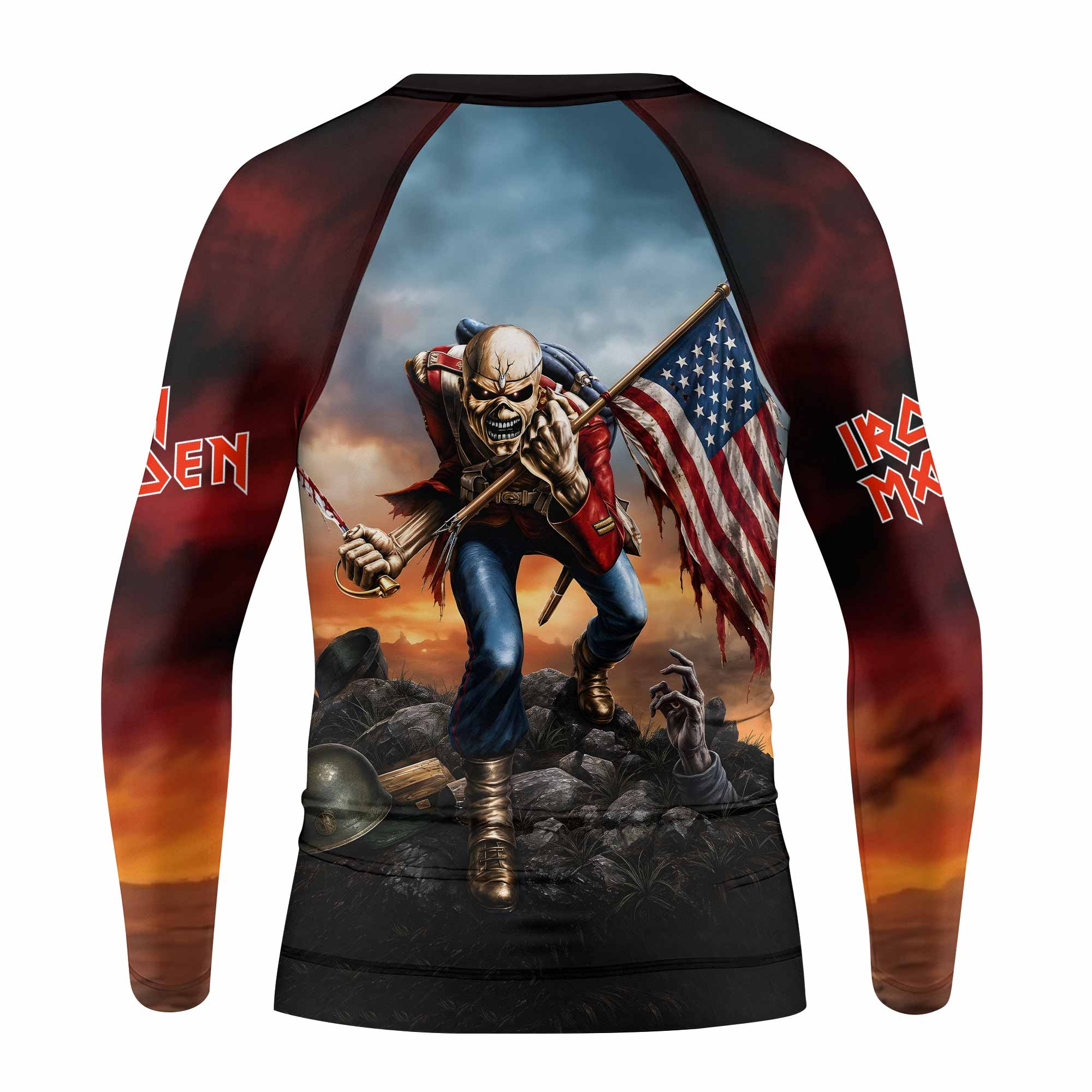 Iron Maiden American Flag Kids Rash Guard Long Sleeve - back view mockup