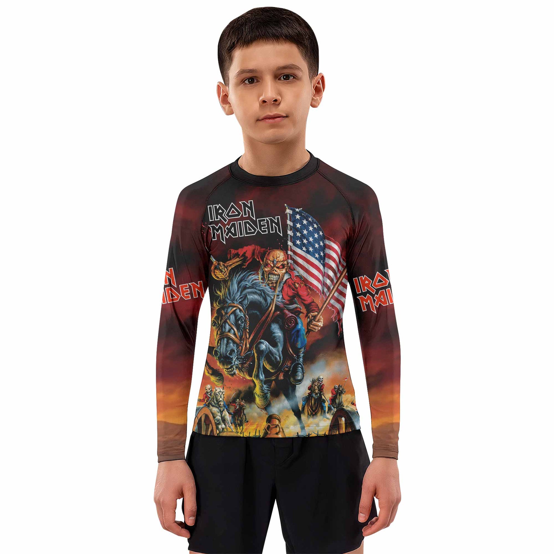 Iron Maiden American Flag Kids Rash Guard Long Sleeve - boy's lifestyle view