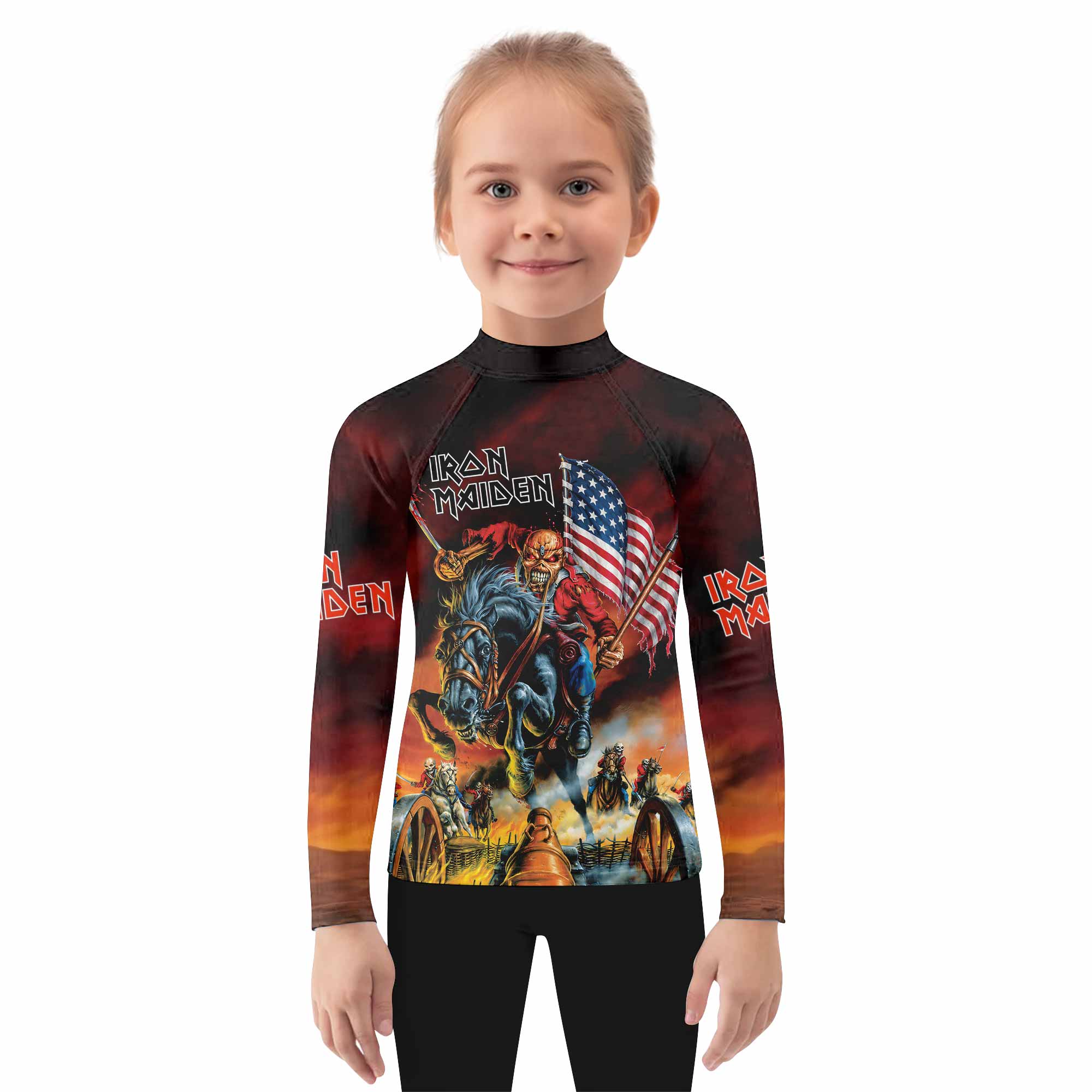 Iron Maiden American Flag Kids Rash Guard Long Sleeve - girl's lifestyle view