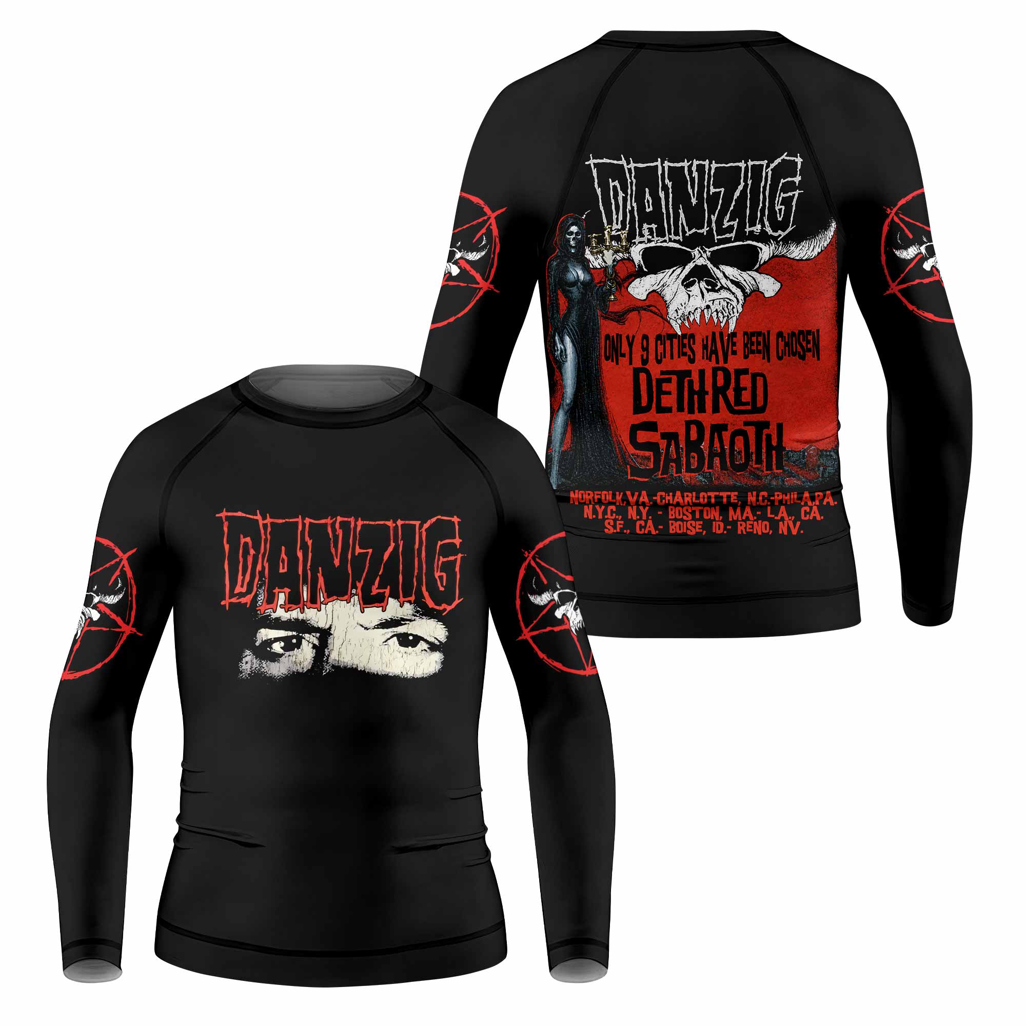 Danzig Deth Red Sabaoth Kids Rash Guard Long Sleeve - front and back view