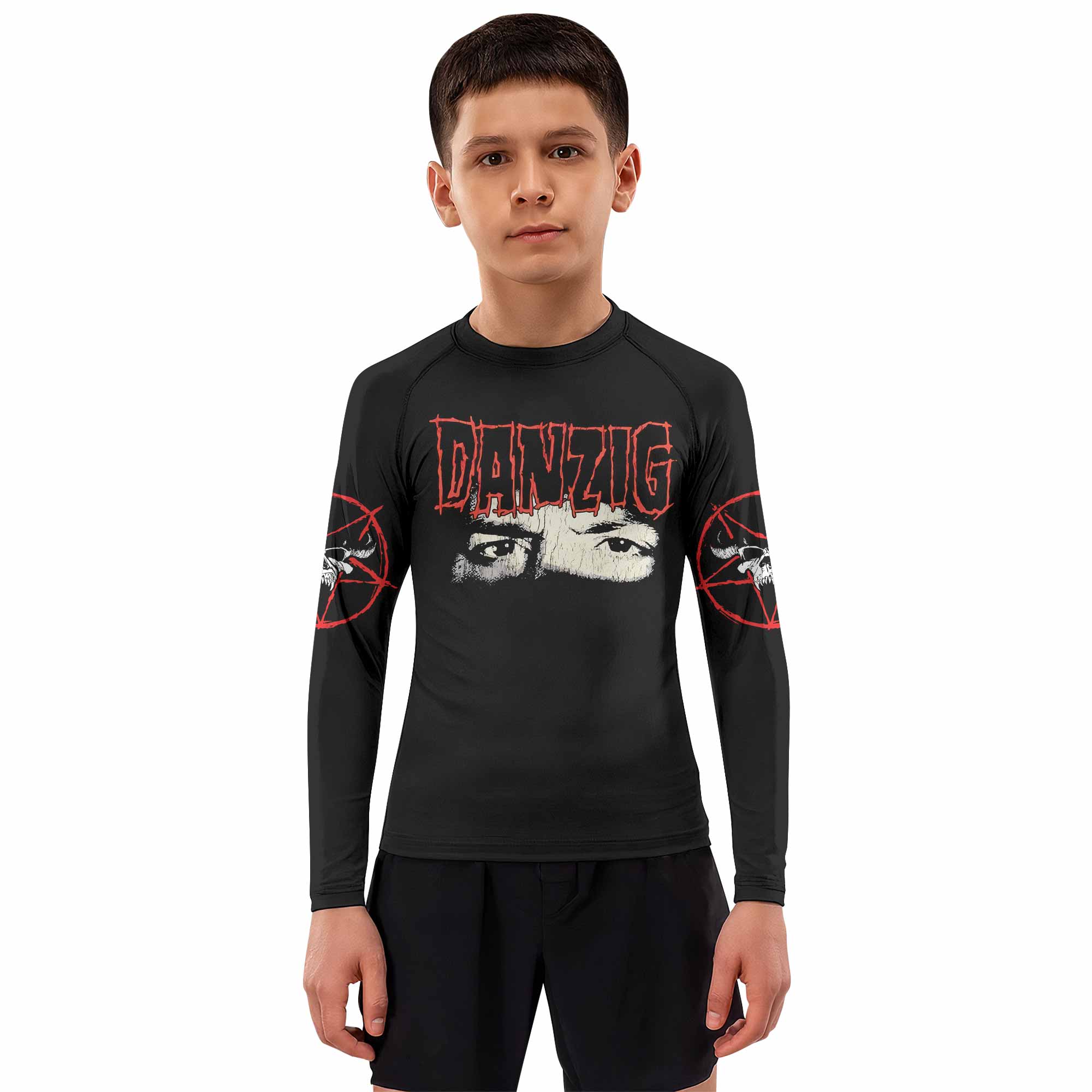 Danzig Deth Red Sabaoth Kids Rash Guard Long Sleeve - boy's lifestyle view