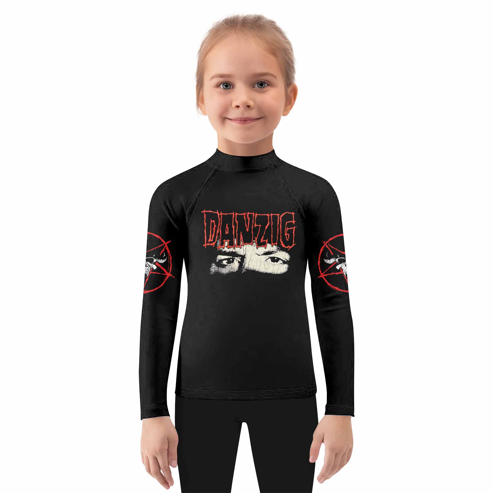 Danzig Deth Red Sabaoth Kids Rash Guard Long Sleeve - girl's lifestyle view