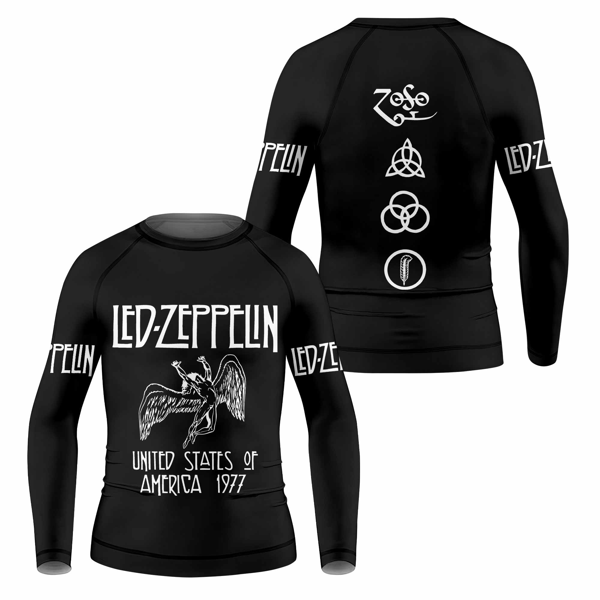 Led Zeppelin North American Tour 1977 Kids Rash Guard Long Sleeve - front and back view