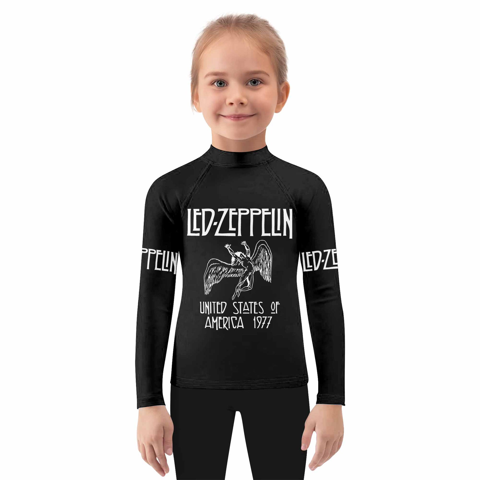 Led Zeppelin North American Tour 1977 Kids Rash Guard Long Sleeve - girl's lifestyle view