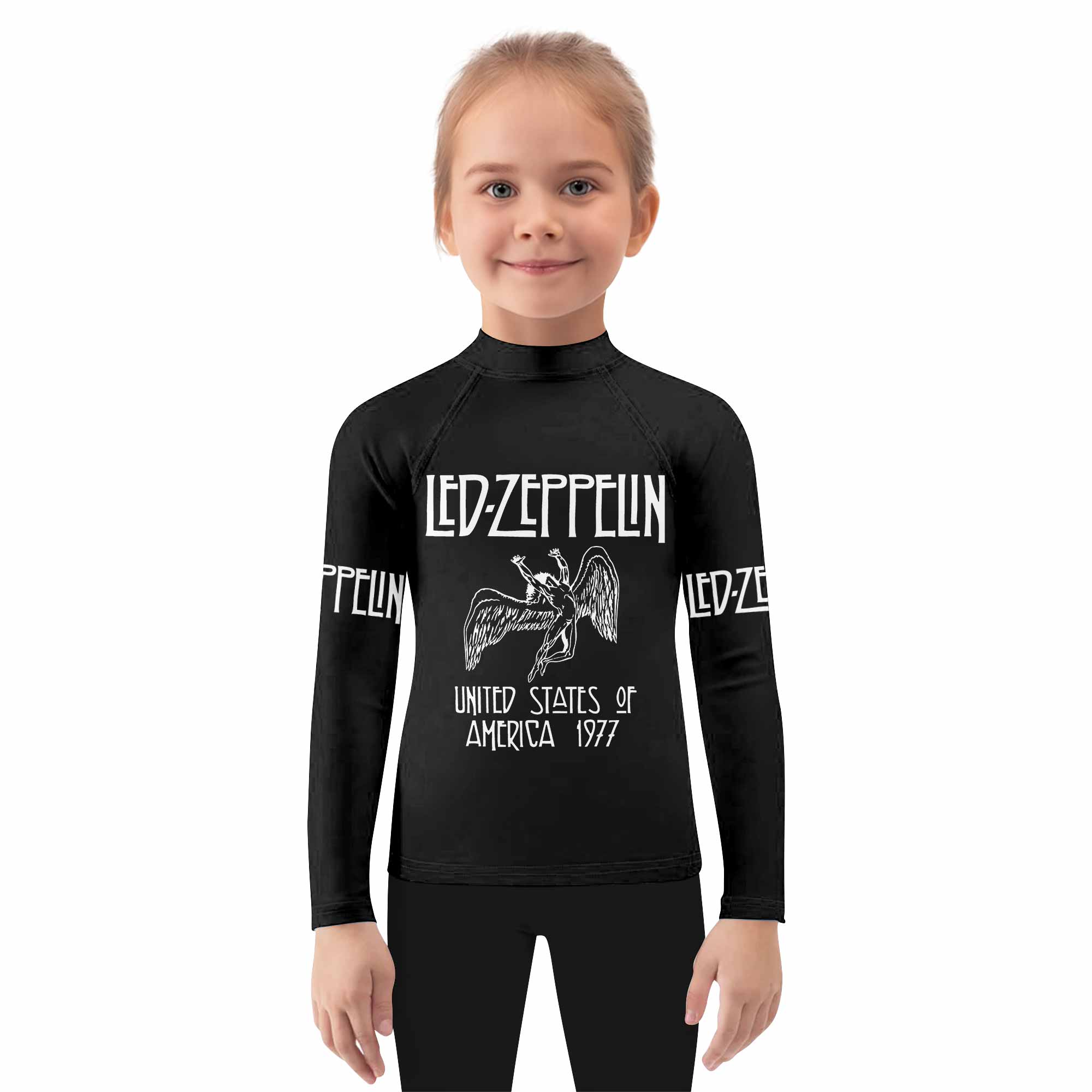 Led Zeppelin North American Tour 1977 Kids Rash Guard Long Sleeve - girl's lifestyle view