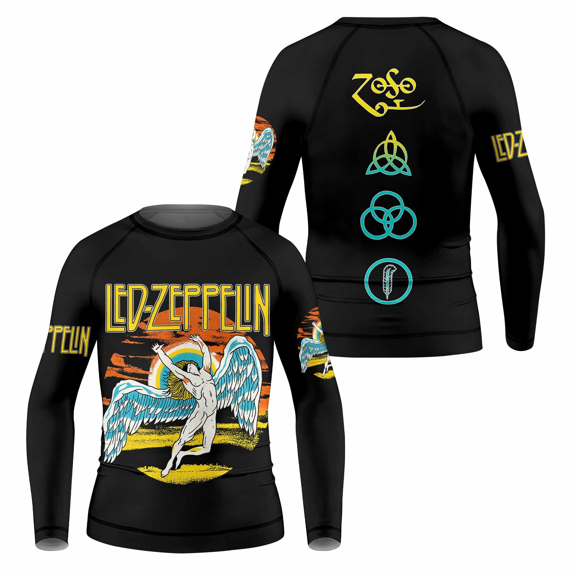 Led Zeppelin North American Tour 1975 Kids Rash Guard Long Sleeve - front and back view