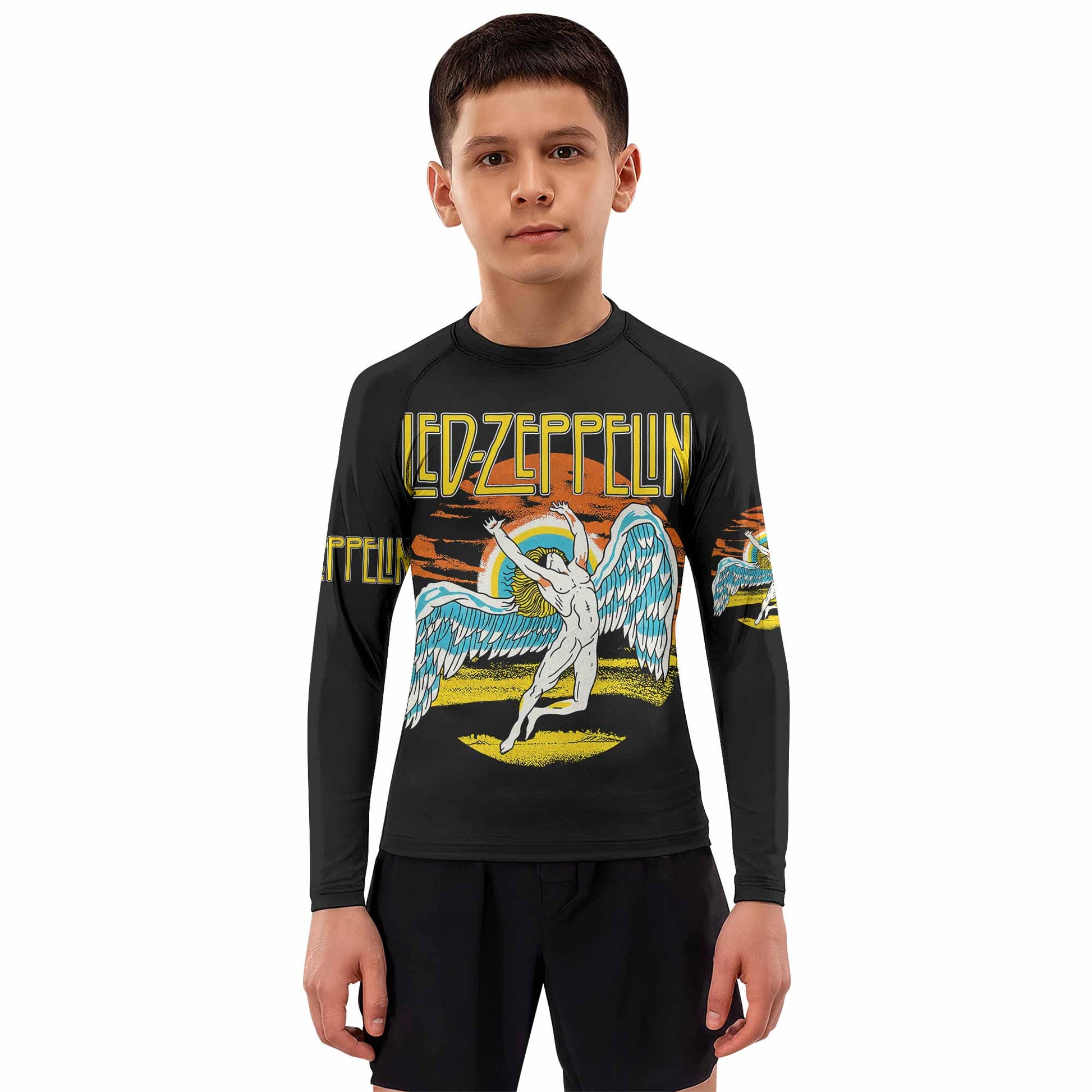 Led Zeppelin North American Tour 1975 Kids Rash Guard Long Sleeve - boy's lifestyle view