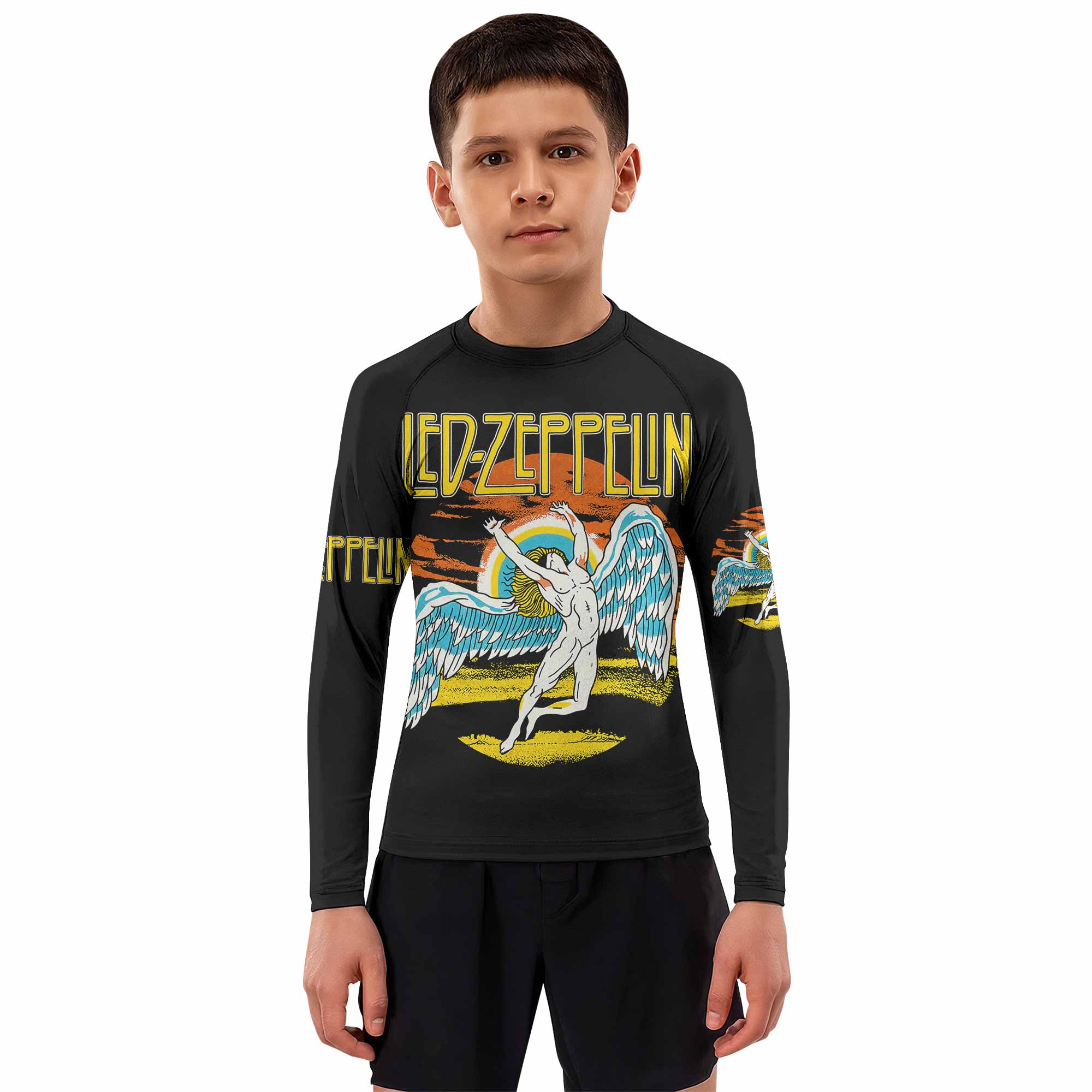 Led Zeppelin North American Tour 1975 Kids Rash Guard Long Sleeve - boy's lifestyle view