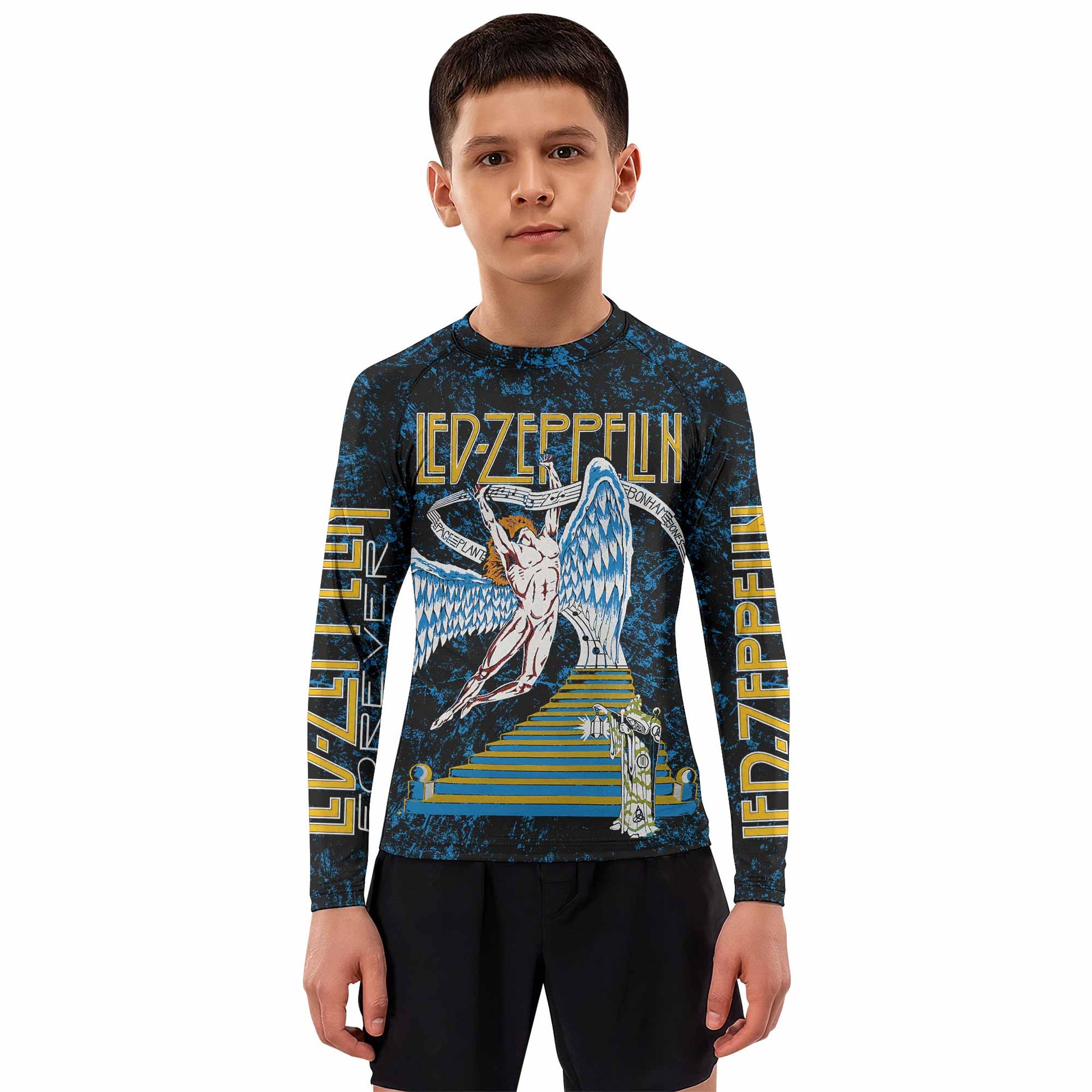 Led Zeppelin Swan Song Kids Rash Guard Long Sleeve - boy's lifestyle view