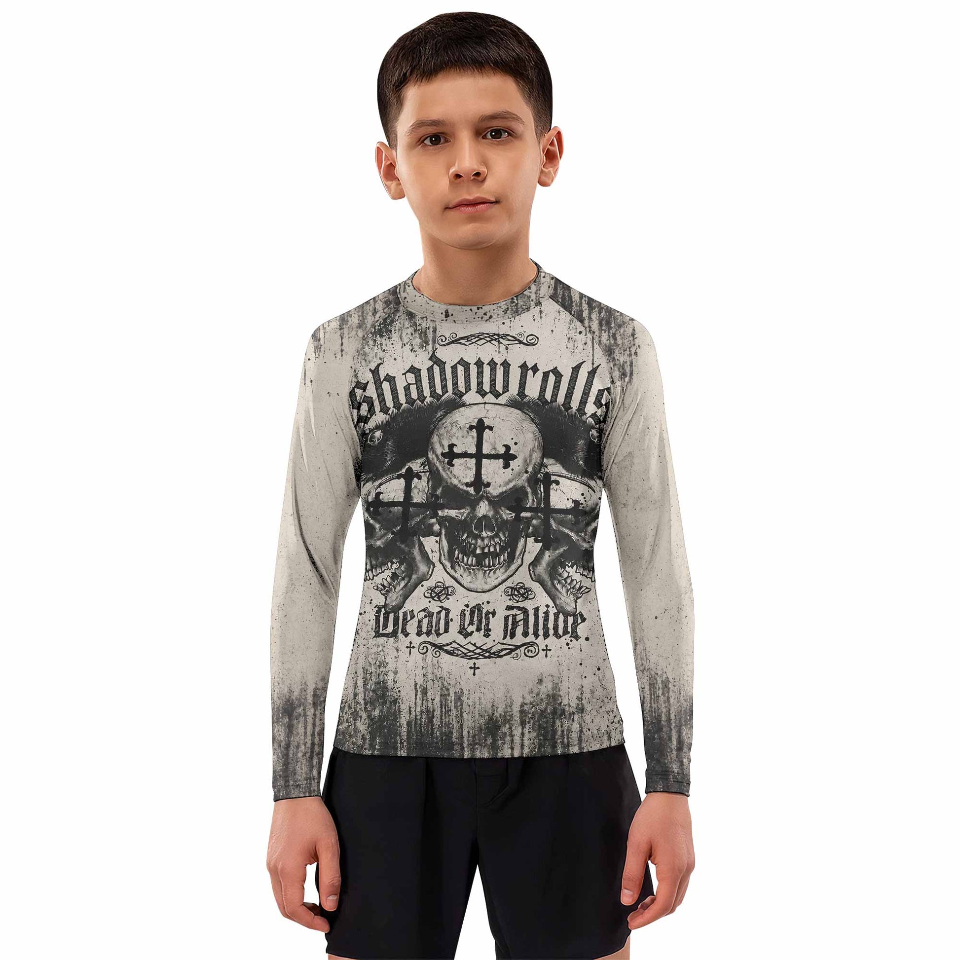 Shadowrolls Dead Or Alive Kids Rash Guard Long Sleeve - boy's lifestyle view
