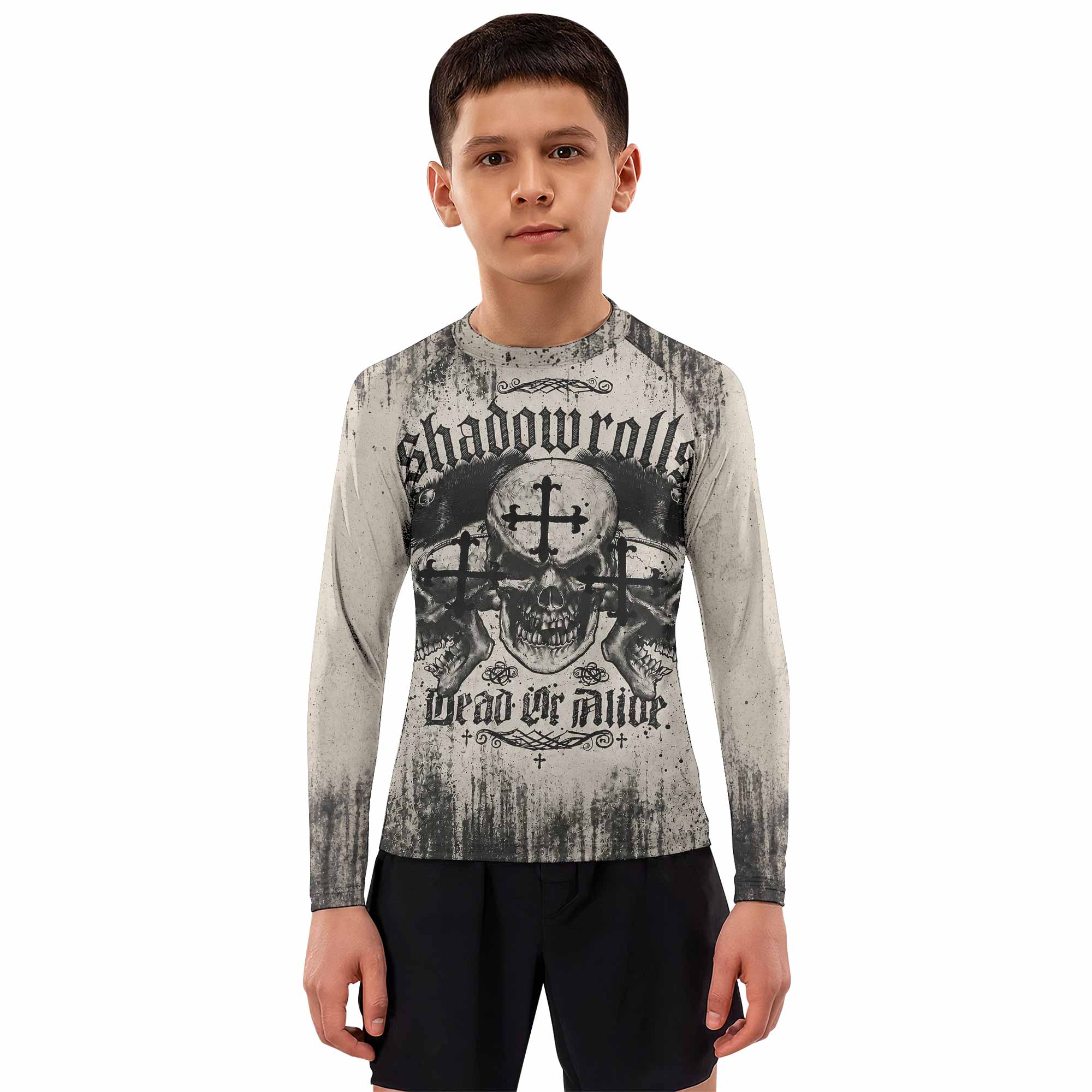 Shadowrolls Dead Or Alive Kids Rash Guard Long Sleeve - boy's lifestyle view