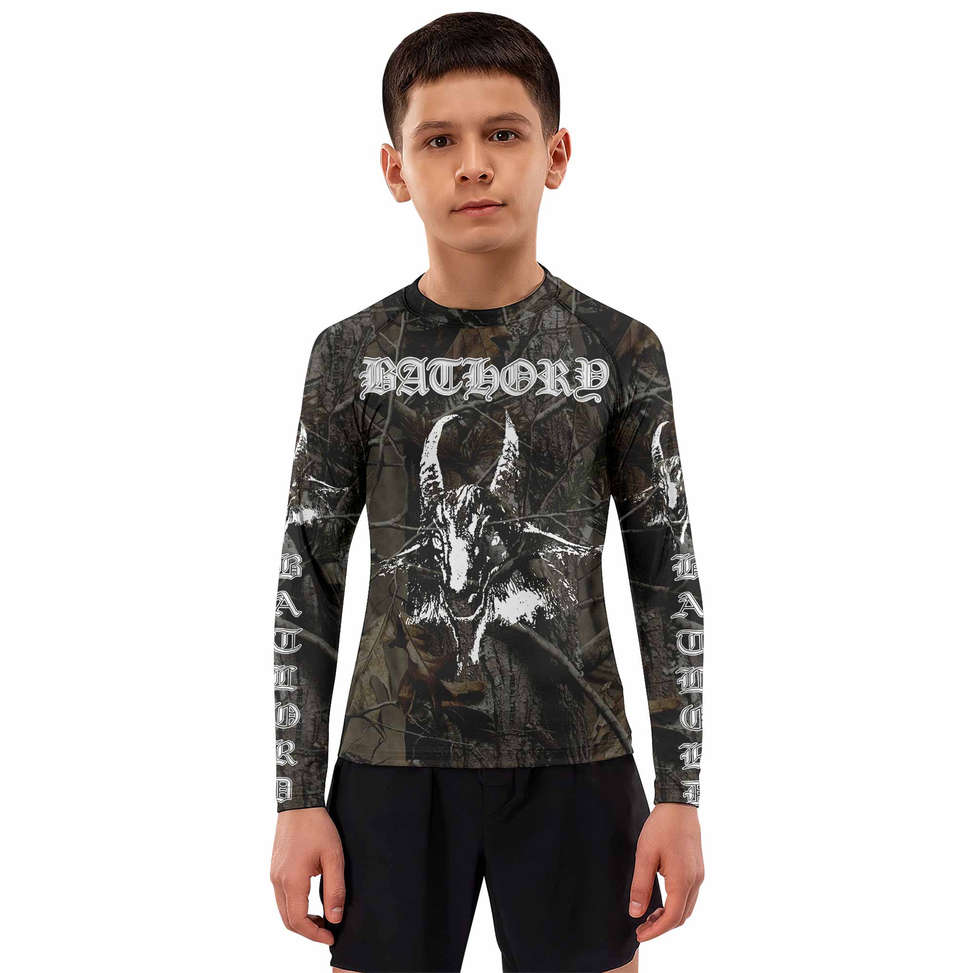 Bathory Sigil of Baphomet Kids Rash Guard Long Sleeve - boy's lifestyle view