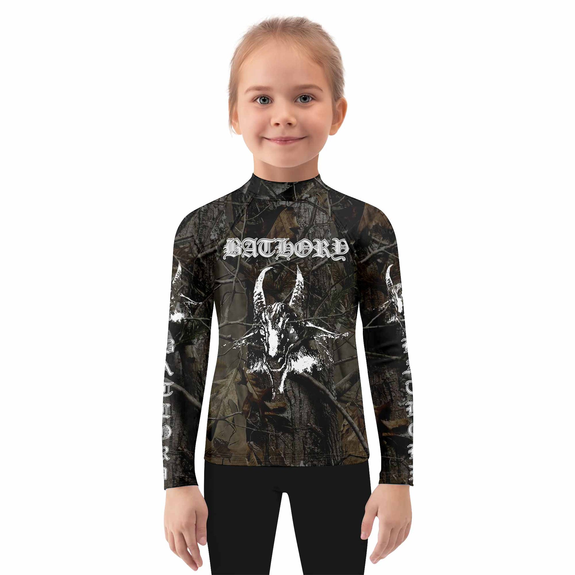 Bathory Sigil of Baphomet Kids Rash Guard Long Sleeve - girl's lifestyle view