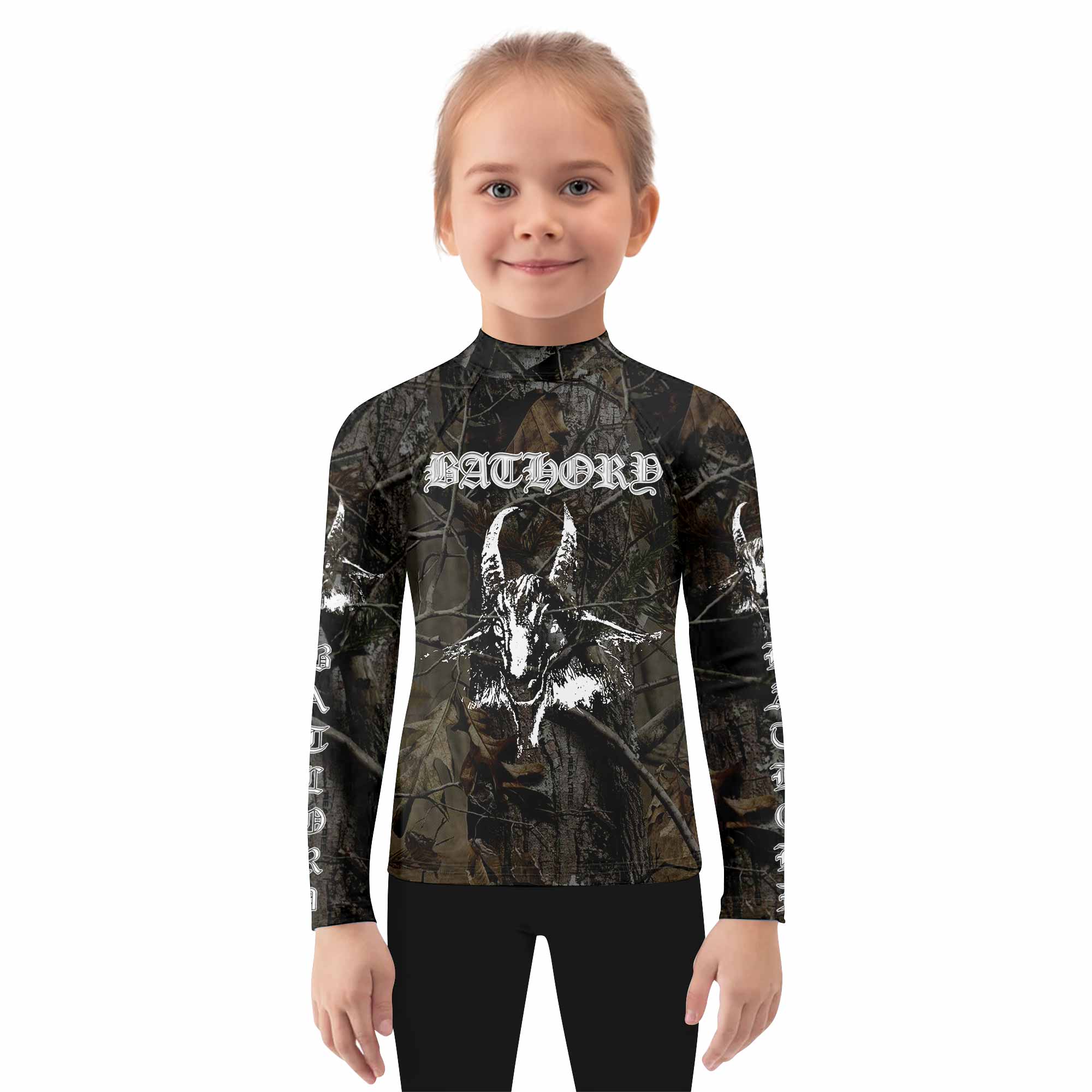 Bathory Sigil of Baphomet Kids Rash Guard Long Sleeve - girl's lifestyle view