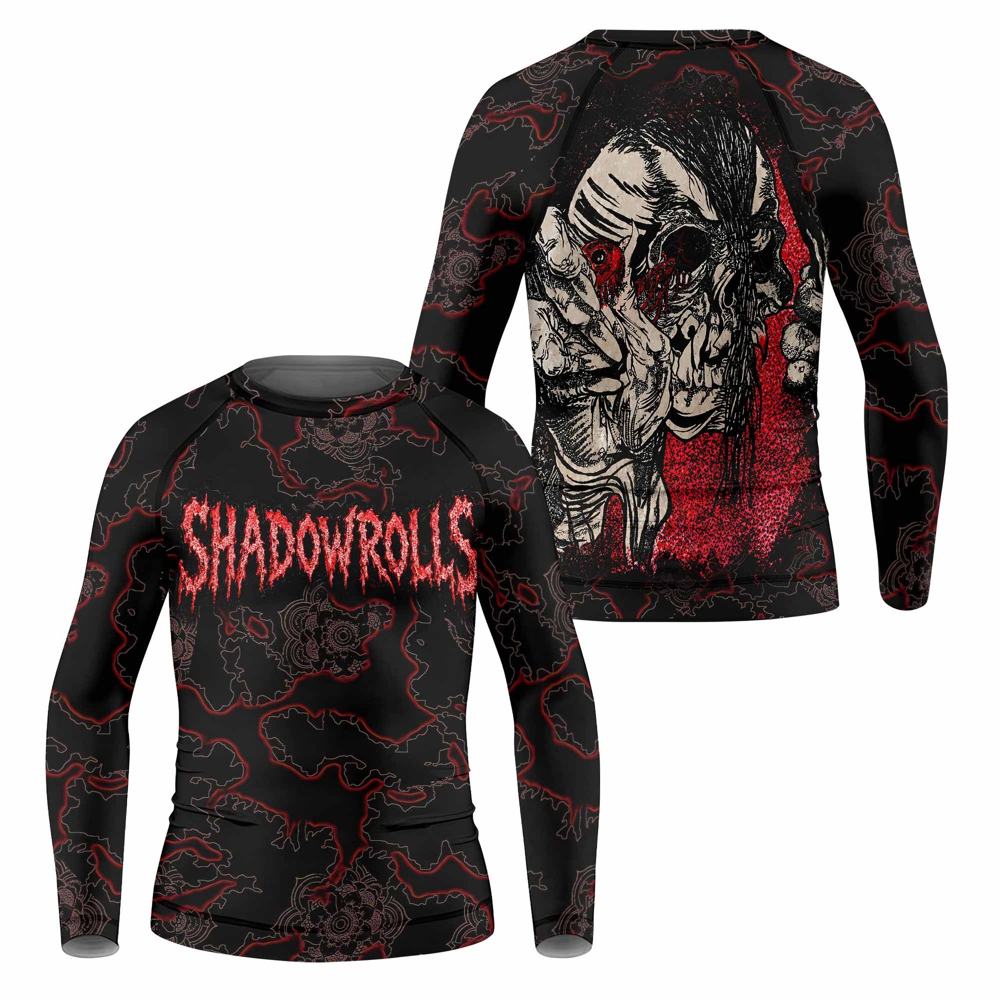 Crimson Hollow Skull Kids Rash Guard Long Sleeve - front and back view