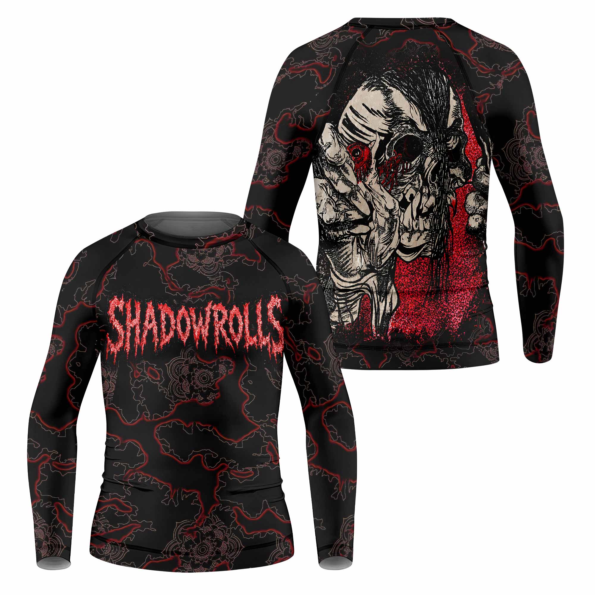 Crimson Hollow Skull Kids Rash Guard Long Sleeve - front and back view