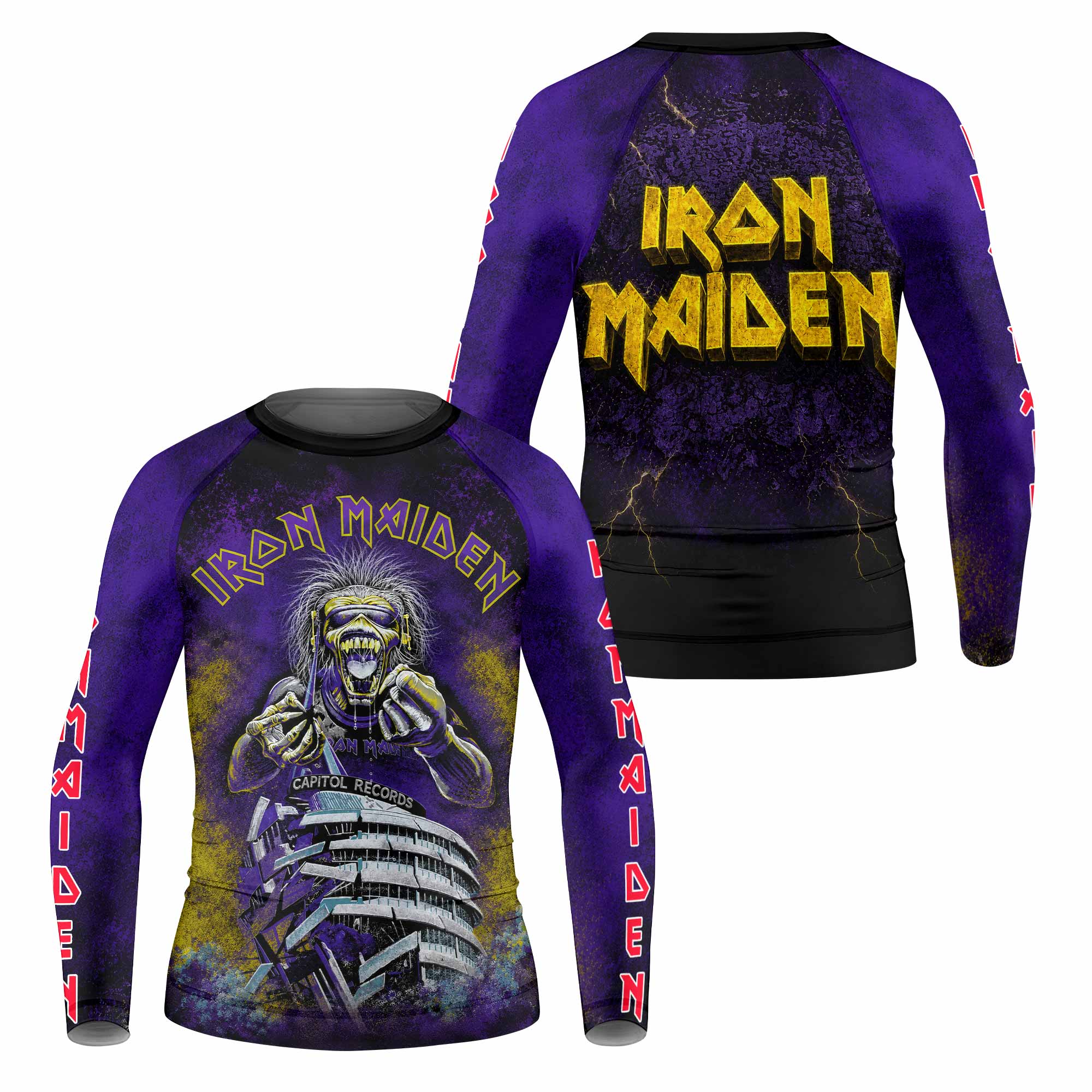 Iron Maiden Capitol Chaos Eddie Kids Rash Guard Long Sleeve - front and back view