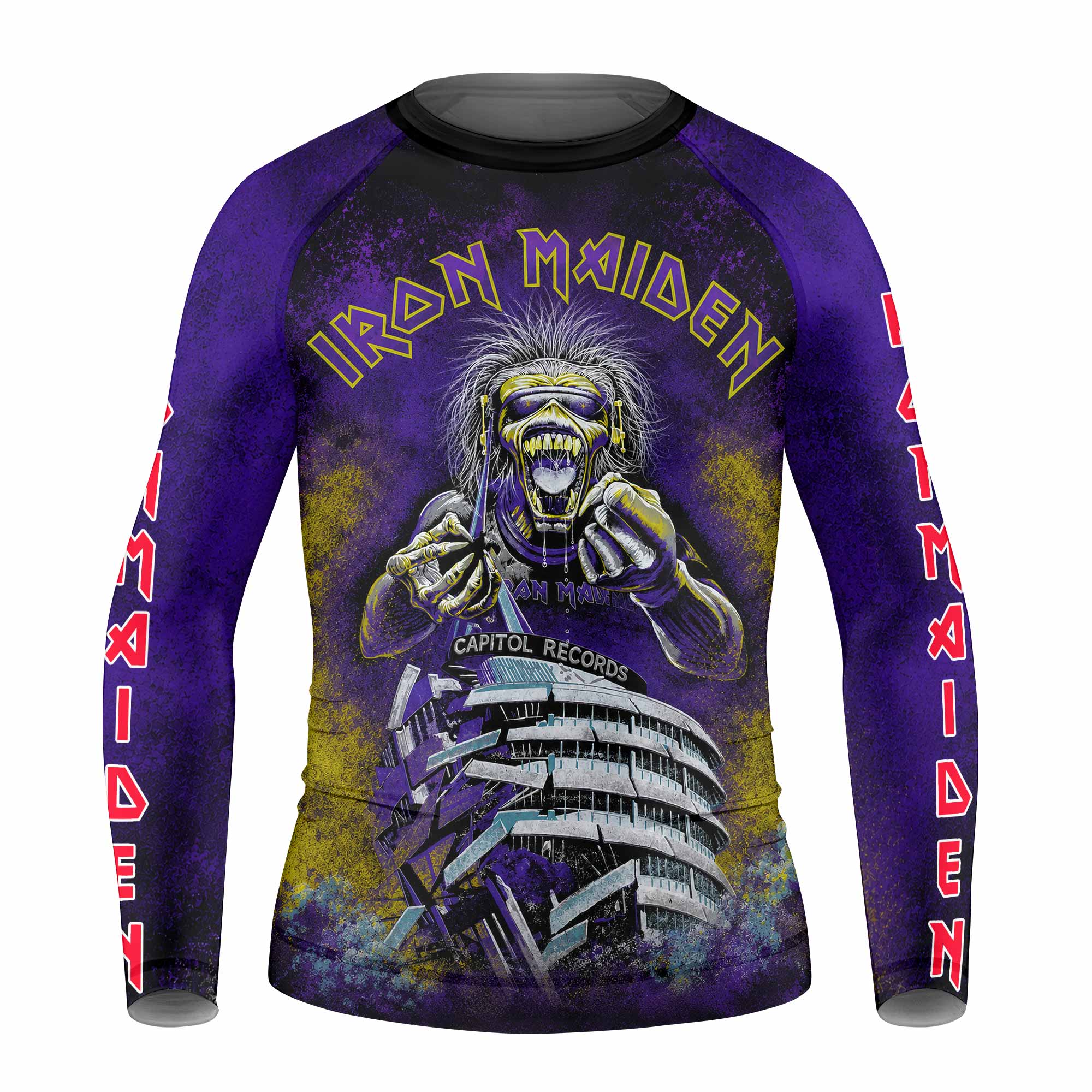 Iron Maiden Capitol Chaos Eddie Kids Rash Guard Long Sleeve - front view mockup